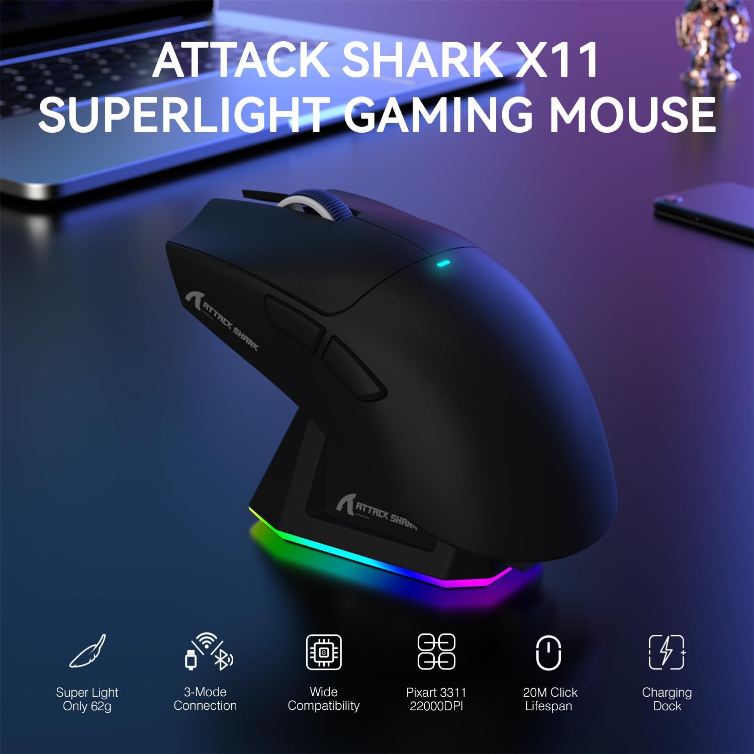 ATTACK SHARK X11 Lightweight Wireless Gaming Mouse with RGB Charging Dock,Tri-Mode-2.4G/USB-C Wired/BT,22K DPI,PAW3311 Optical Sensor,HUYU Switch, 5 programmable Buttons for PC/Mac(Black) - - Fun Touch Shop