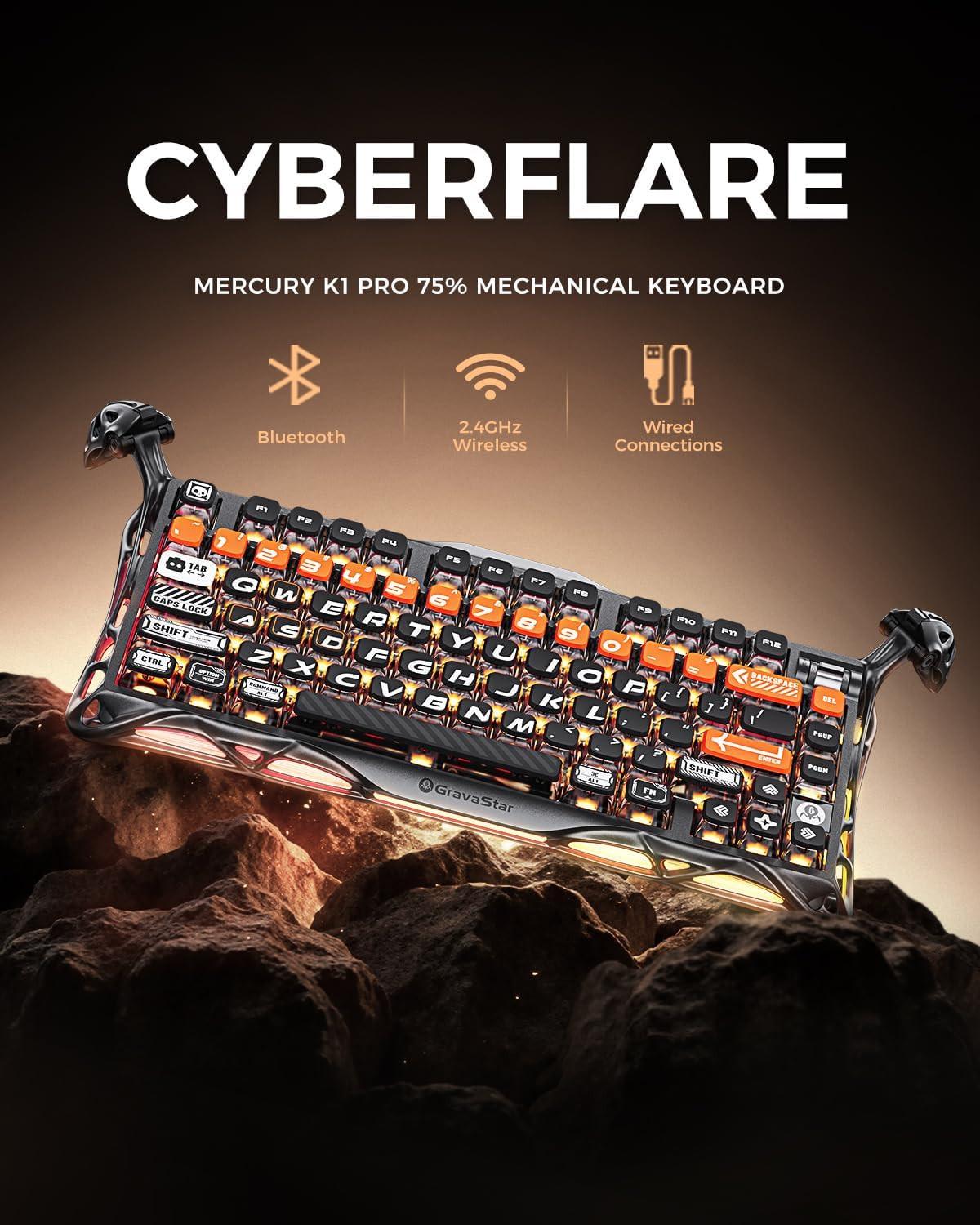 GravaStar Mercury K1 Pro Wireless Mechanical Gaming Keyboard, 75% Layout RGB Custom Keyboard, Aluminum Alloy Matte Black Frame with Phoenix-Inspired Keycaps, Hot-Swappable Linear Switches – CyberFlare.