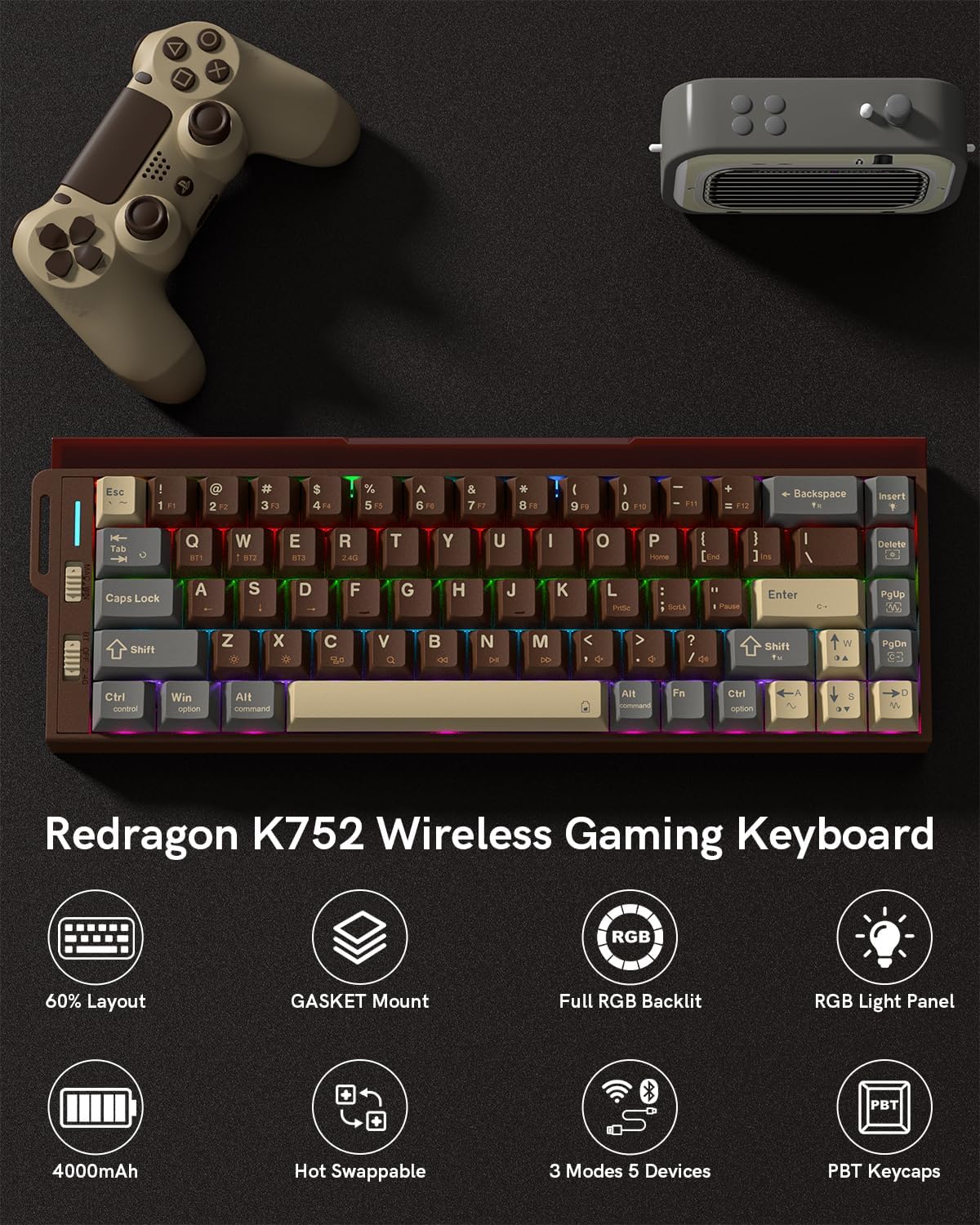 Redragon k752 wireless mechanical keyboard 60% gasket mount gaming keyboard with rgb backlit creamy sound tri-mode