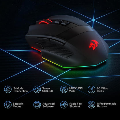 Redragon m923 pro wireless rgb gaming mouse 24k dpi remapping keys | cable-free delay smooth precise tracking custom