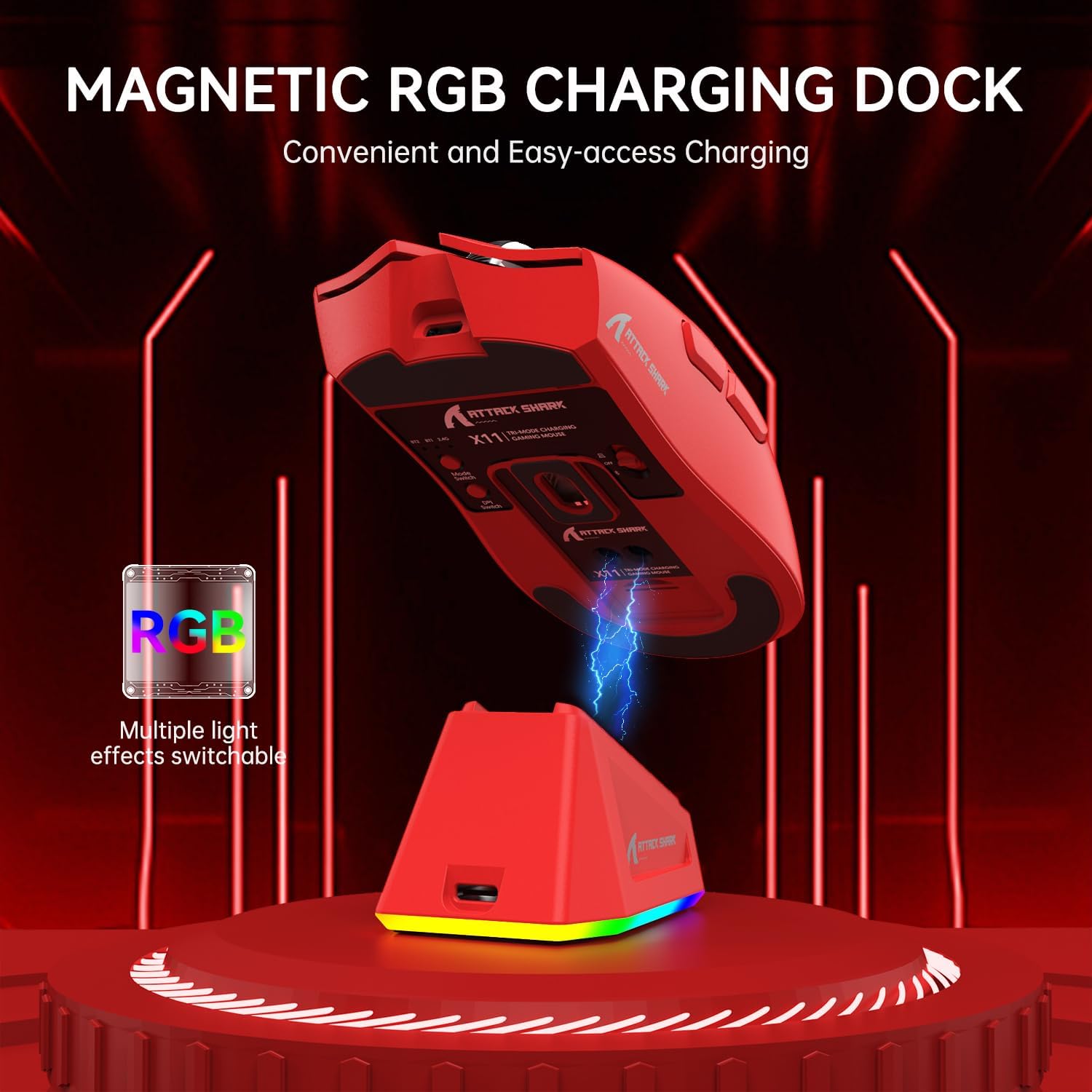 ATTACK SHARK X11 Lightweight Wireless Gaming Mouse with RGB Charging Dock,Tri-Mode-2.4G/USB-C Wired/BT,22K DPI,PAW3311 Optical Sensor,HUYU Switch, 5 programmable Buttons for PC/Mac(Red) - - Fun Touch Shop