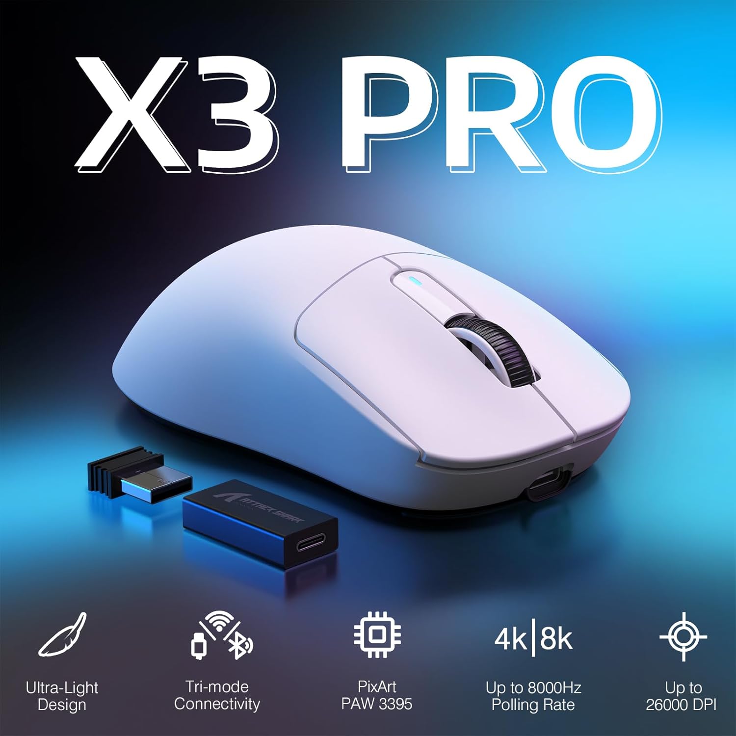 ATTACK SHARK X3PRO 4K/8K Lightweight Wireless Gaming Mouse with Tri-Mode(Wired/2.4GHz/BT),PAW3395 Optical Sensor,26K DPI,Kailh GM8.0 Switch,Long Battery,7 Buttons for PC/Laptop/Win/Mac(White)