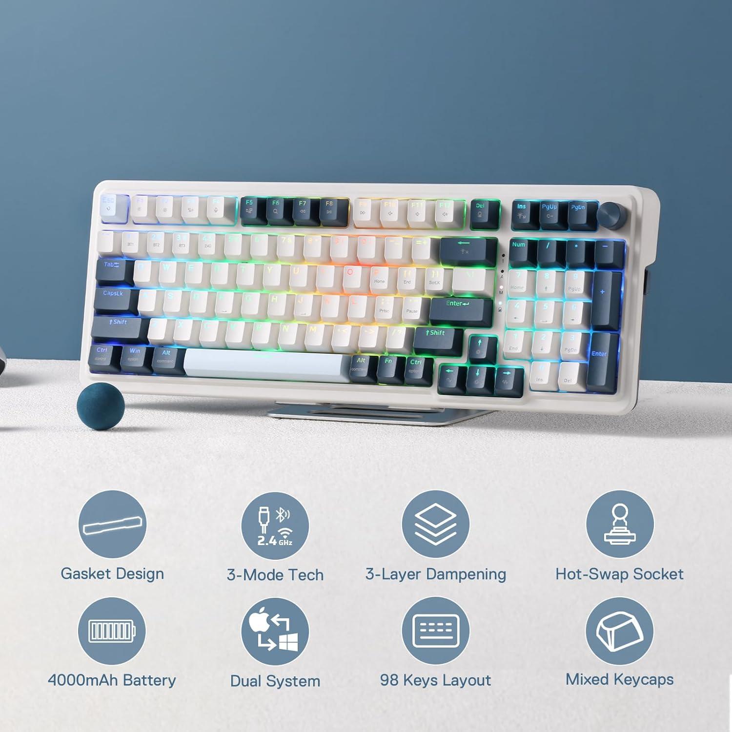 Redragon K686 PRO 98 Keys Wireless Gasket RGB Gaming Keyboard, 3-Mode Win/Mac Mechanical Keyboard w/5-Layer Noise Dampening, Dedicated Knob Control & Hot-Swap in Linear Red Switch, Blue Himmel Color.