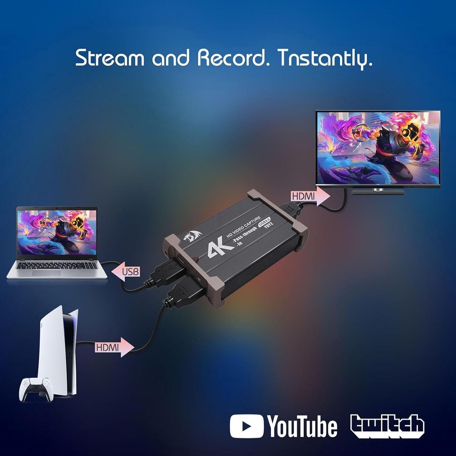 Redragon VC321 4K Video Capture Card, USB 3.0 1080p 60fps Video Capture, 4K HDMI Pass-Through, Zero-Latency Streaming, Compatible with Windows/Mac, Game Capture for PS5, Xbox, NS, DSLR, OBS.