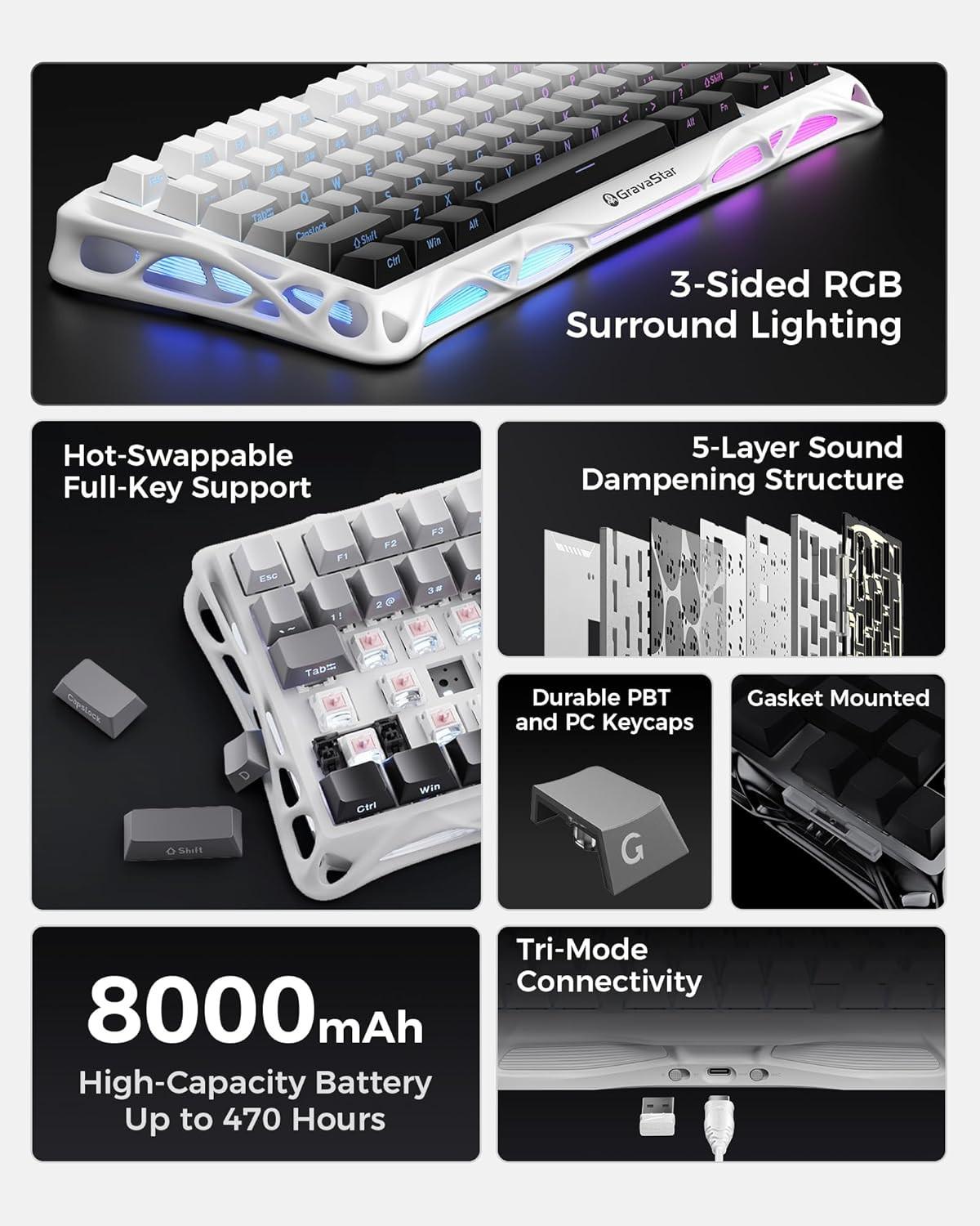 GravaStar Mercury K1 75% Wireless Mechanical Gaming Keyboard, Aluminum Alloy Exoskeleton Design, Gasket Custom Keyboard Hot-Swap Socket, Linear Switches, RGB Backlit.
