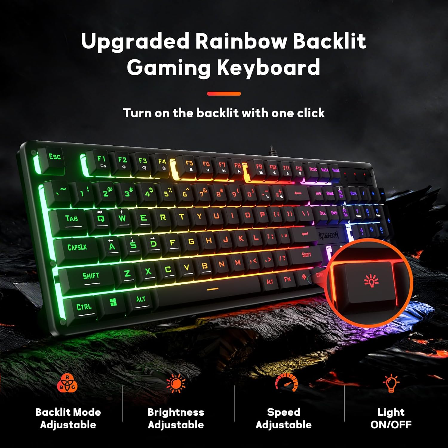 Redragon K521 Upgrade Rainbow LED Gaming Keyboard, 104 Keys Wired Mechanical Feeling Keyboard with Multimedia Keys, One-Touch Backlit, Anti-Ghosting, Compatible with PC, Mac, PS4/5, Xbox - - Fun Touch Shop