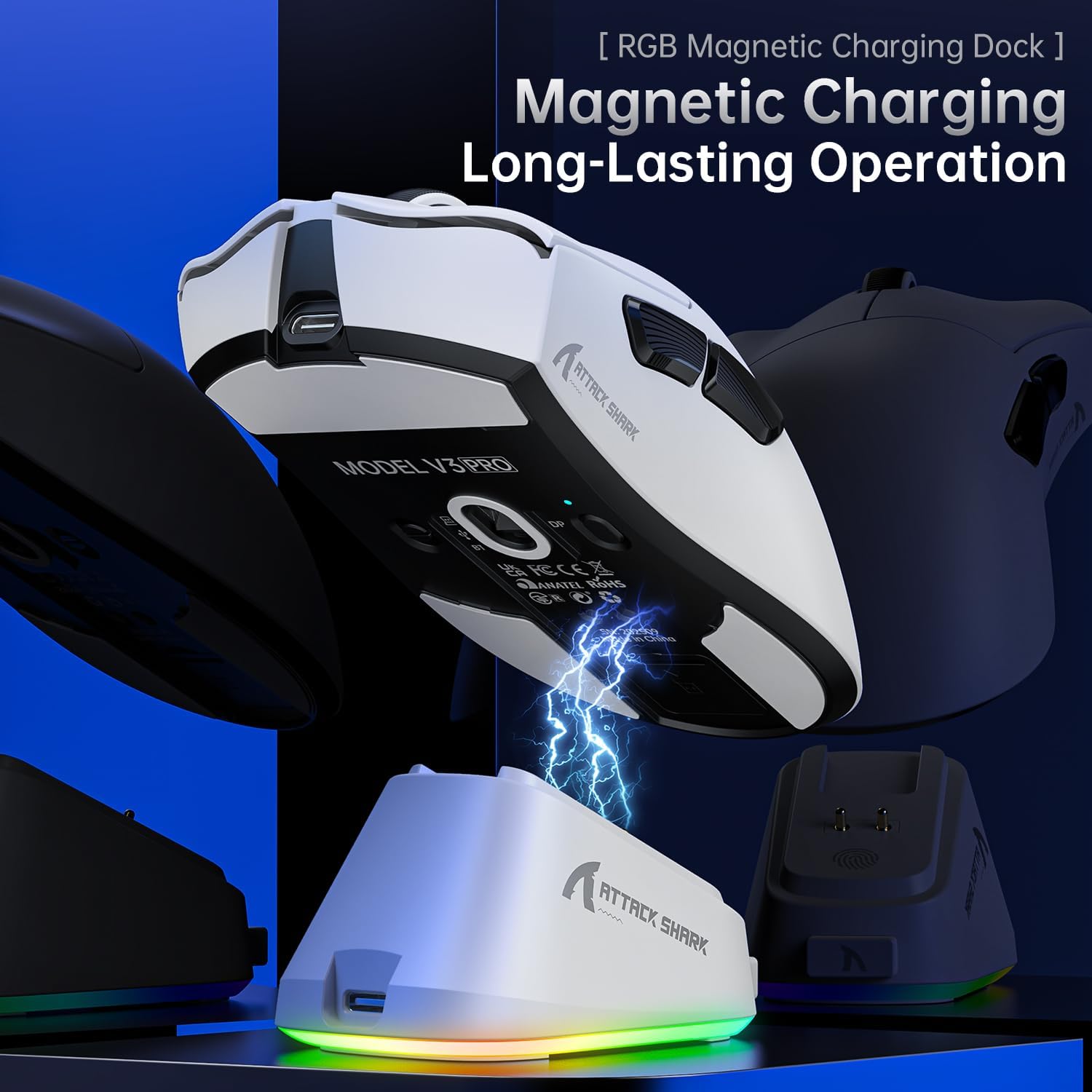 ATTACK SHARK V3 PRO Wireless Esports Gaming Mouse with Magnetic Charging Dock:62g Lightweight-1K Polling-25K DPI-PAW3311 Sensor,Wired/BT/2.4Ghz Programmable,BK52820 IC for PC Laptop Gamer(White+Tape)