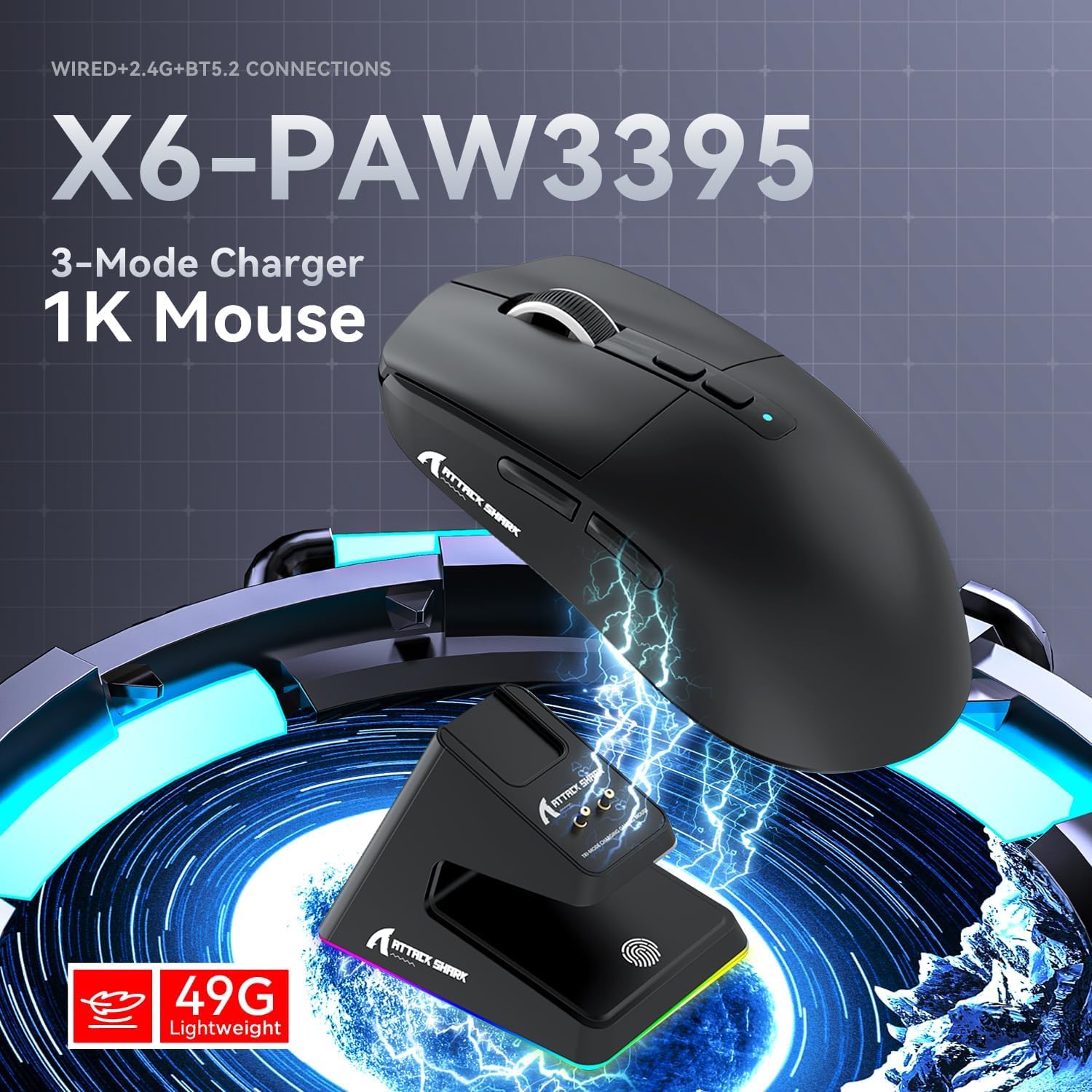 ATTACK SHARK X6 Lightweight Wireless Gaming Mouse with RGB Backlight Charging Base,Tri-Mode Wired/2.4GHz/BT5.2,26K DPI, 395 Optical PAW3Sensor,HUANO Switch,5programmable Buttons,PC/Mac(Black) - - Fun Touch Shop