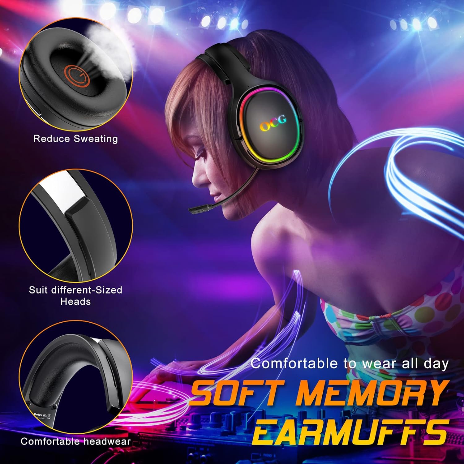 OCG Gaming Headset 2.4GHz Bluetooth Wireless Gaming Headphones for PS5 PS4 PC with Retractable Microphone,RGB Light Wireless Headset Wired Mode for Mac Switch PS2 Black - - Fun Touch Shop