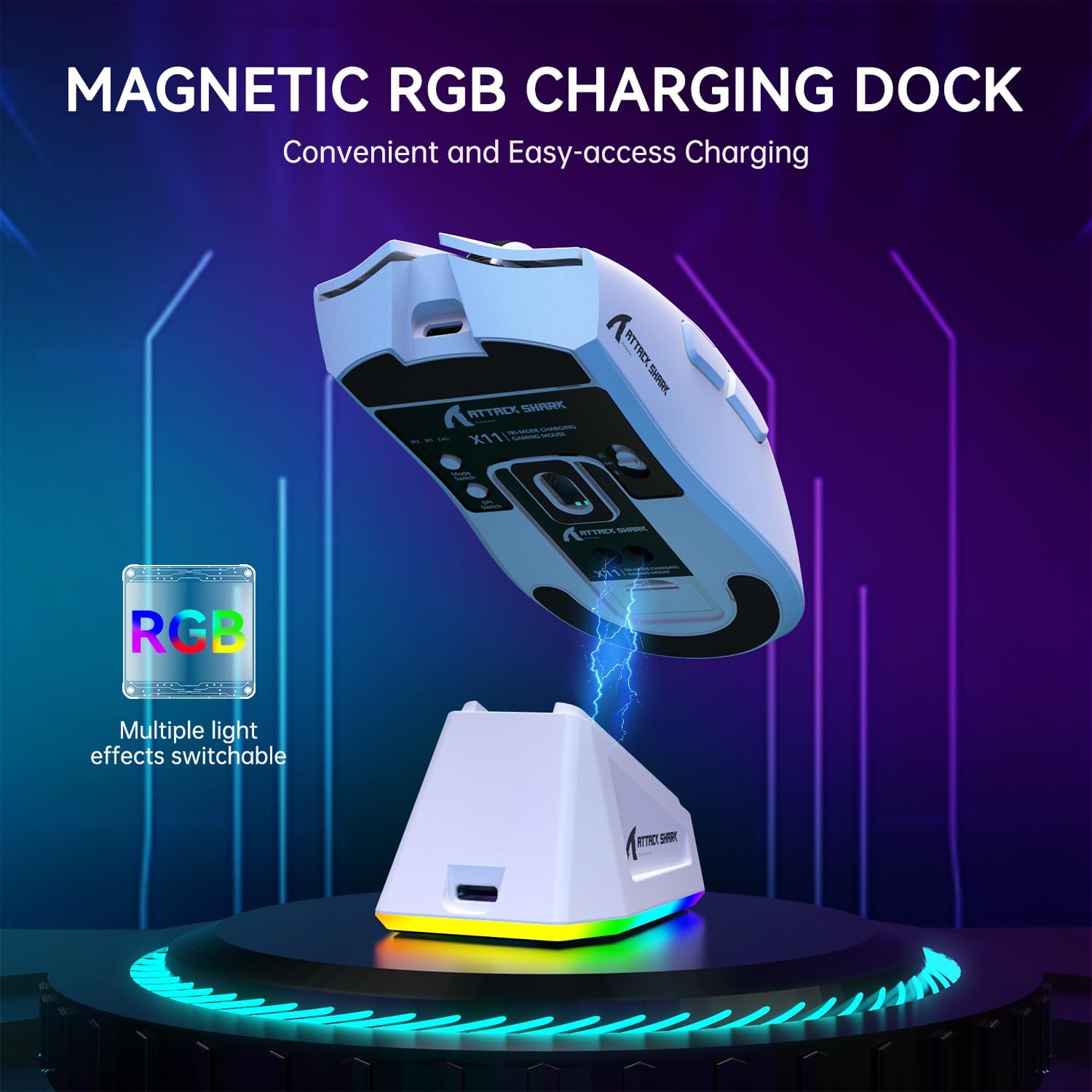 ATTACK SHARK X11 Lightweight Wireless Gaming Mouse with RGB Charging Dock,Tri-Mode-2.4G/USB-C Wired/BT,22K DPI,PAW3311 Optical Sensor,HUYU Switch, 5 programmable Buttons for PC/Mac(White) - - Fun Touch Shop