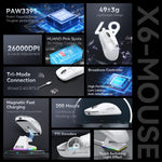 ATTACK SHARK X6 Lightweight Wireless Gaming Mouse with RGB Backlight Charging Base,Tri-Mode Wired/2.4GHz/BT5.2,26K DPI, PAW3395 Optical Sensor,HUANO Switch,5programmable Buttons,PC/Mac(White) - - Fun Touch Shop