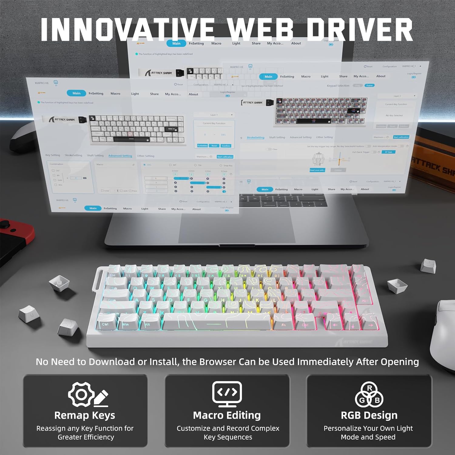 ATTACK SHARK X68 PRO HE Wireless Rapid Trigger Gaming Keyboard with Adjustable Actuation,8K Polling Rate,Hall Effect Magnetic Switch,Hot-Swap,RGB Backlit,BT/2.4GHz/Wired,for FPS Games-White