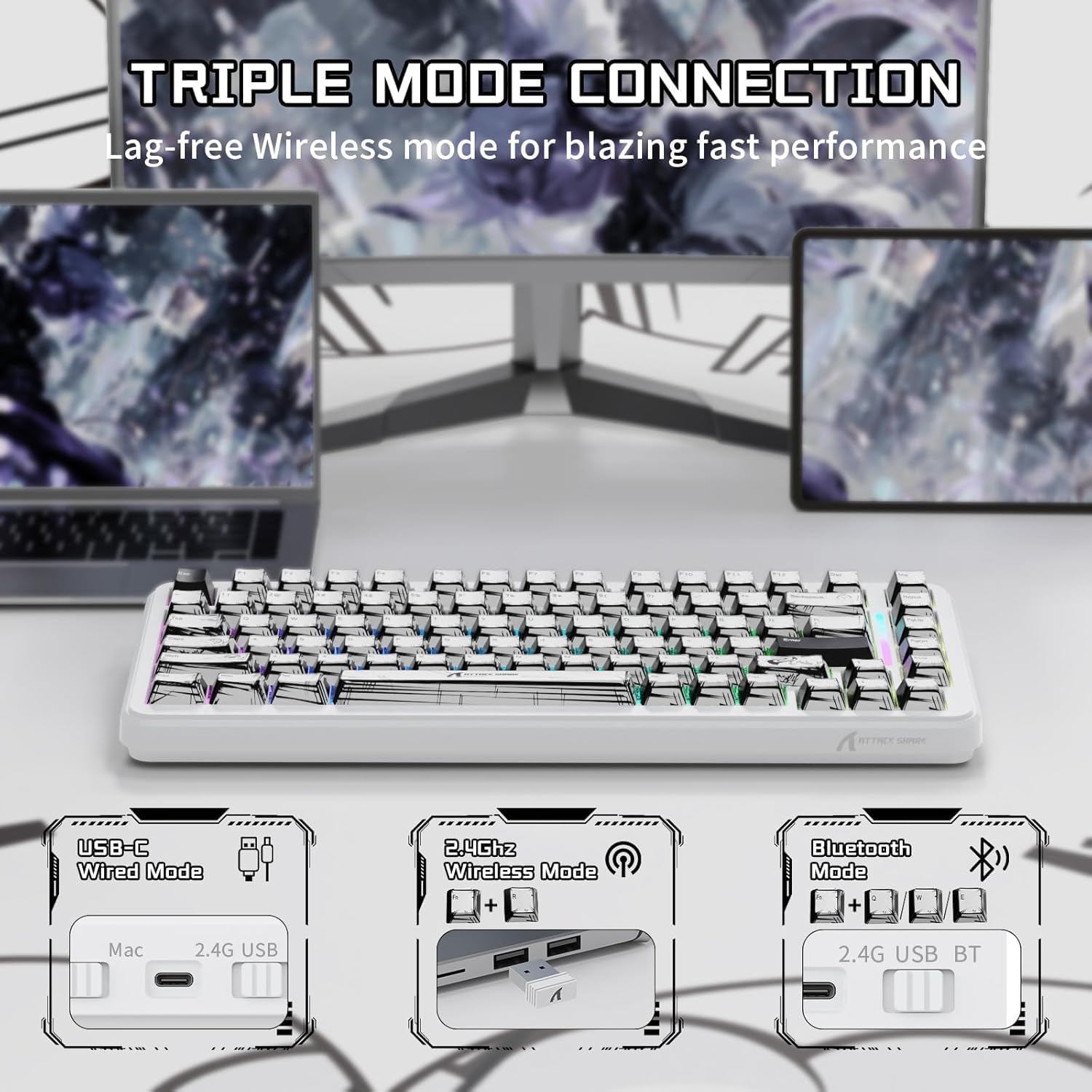 ATTACK SHARK X82PRO HE Wireless Rapid Trigger RGB Mechanical Gaming Keyboard with Adjustable Actuation,2.4G/Wired/BT,8K Polling Rate,Hall Effect Magnetic Switch,5000mAh Battery for PC FPS(White Anime)