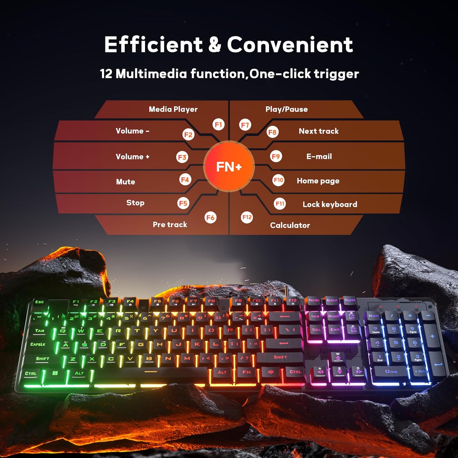 Redragon K521 Upgrade Rainbow LED Gaming Keyboard, 104 Keys Wired Mechanical Feeling Keyboard with Multimedia Keys, One-Touch Backlit, Anti-Ghosting, Compatible with PC, Mac, PS4/5, Xbox - - Fun Touch Shop