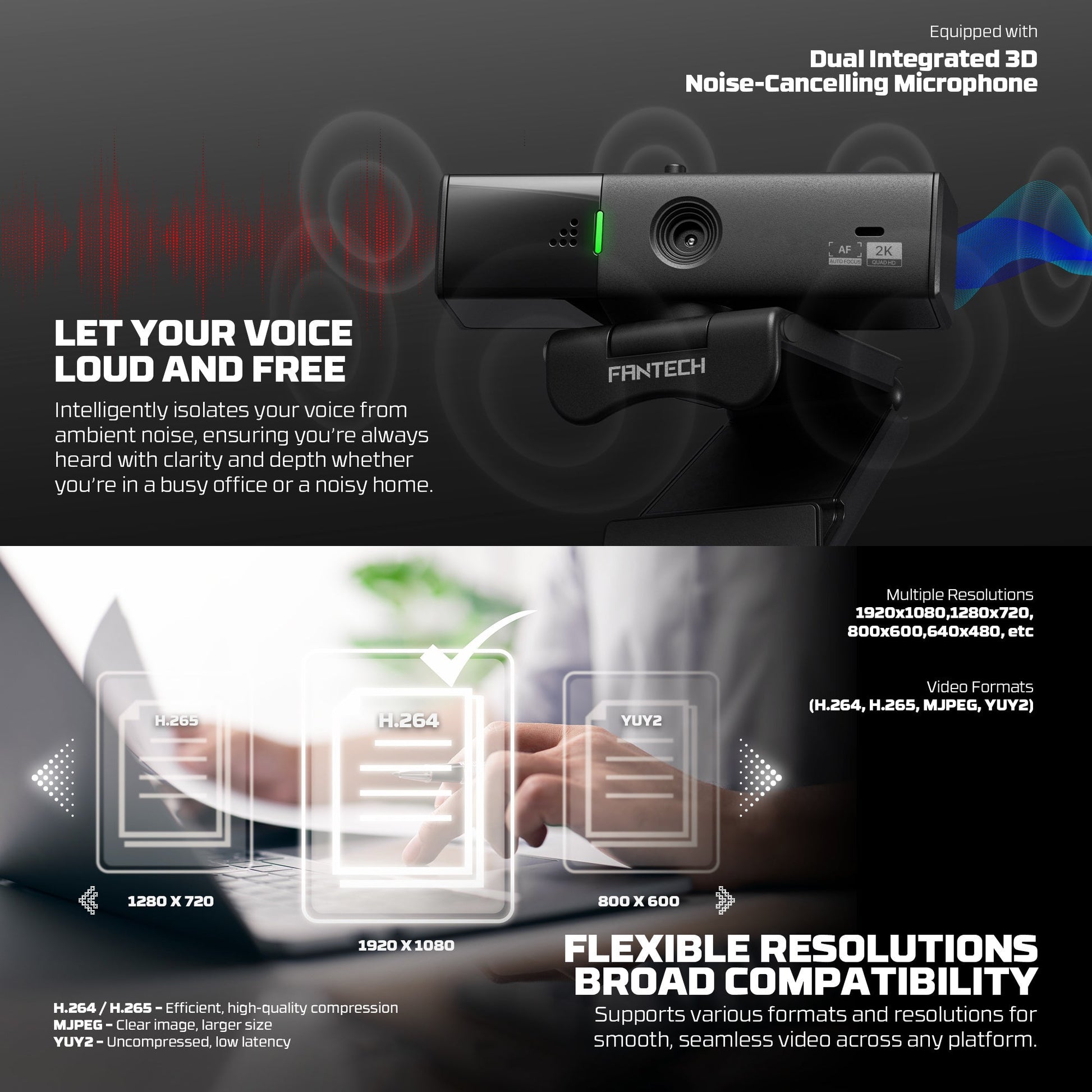 Fantech Luminous C50 Quad High-Definition Webcam 2K Quad-HD Support 60 FPS & 3D Noise Cancelling Mic - - Fun Touch Shop