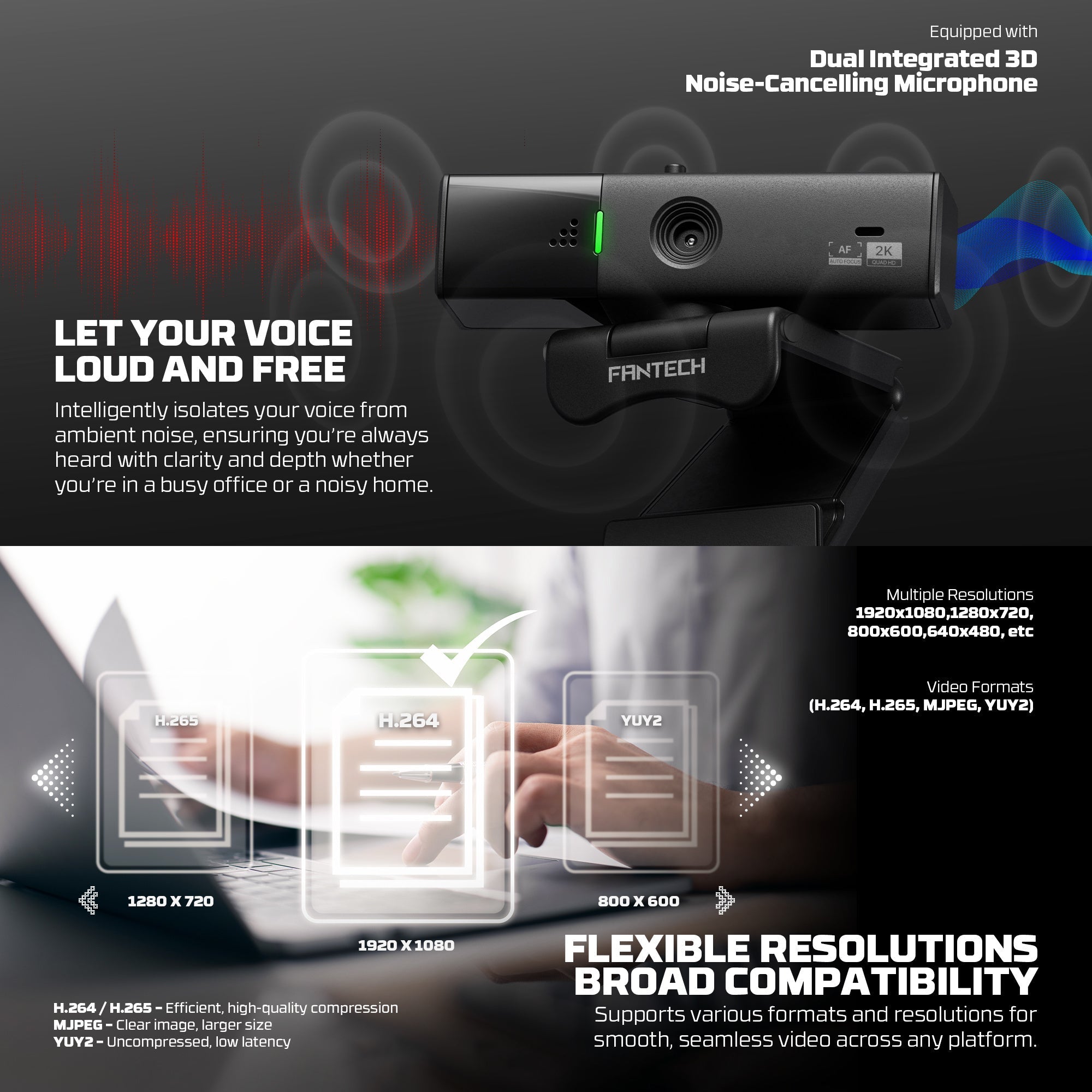 Fantech Luminous C50 Quad High-Definition Webcam 2K Quad-HD Support 60 FPS & 3D Noise Cancelling Mic - - Fun Touch Shop