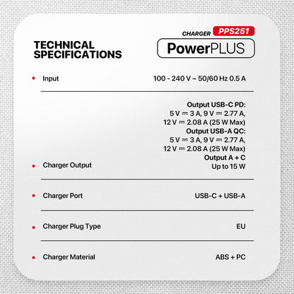 Fantech powerplus pps251 25w gan fast charger – dual-port usb-c & usb-a pd + qc wall charger ultra-slim compact design