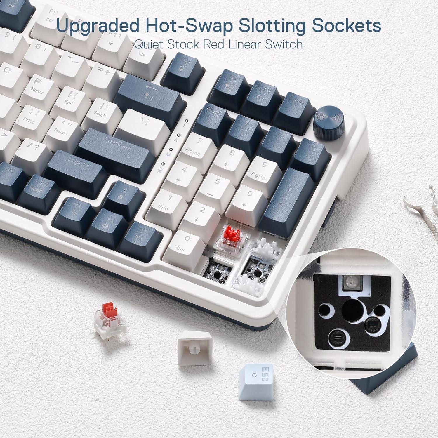 Redragon K686 PRO 98 Keys Wireless Gasket RGB Gaming Keyboard, 3-Mode Win/Mac Mechanical Keyboard w/5-Layer Noise Dampening, Dedicated Knob Control & Hot-Swap in Linear Red Switch, Blue Himmel Color.