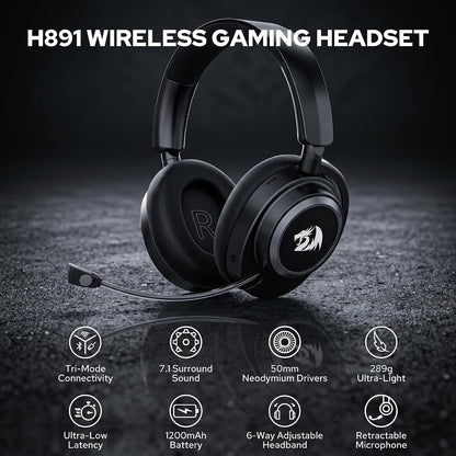 Redragon h891 wireless gaming headset tri-mode (2.4g/bt/wired) 65h battery 50mm drivers & 7.1 surround sound