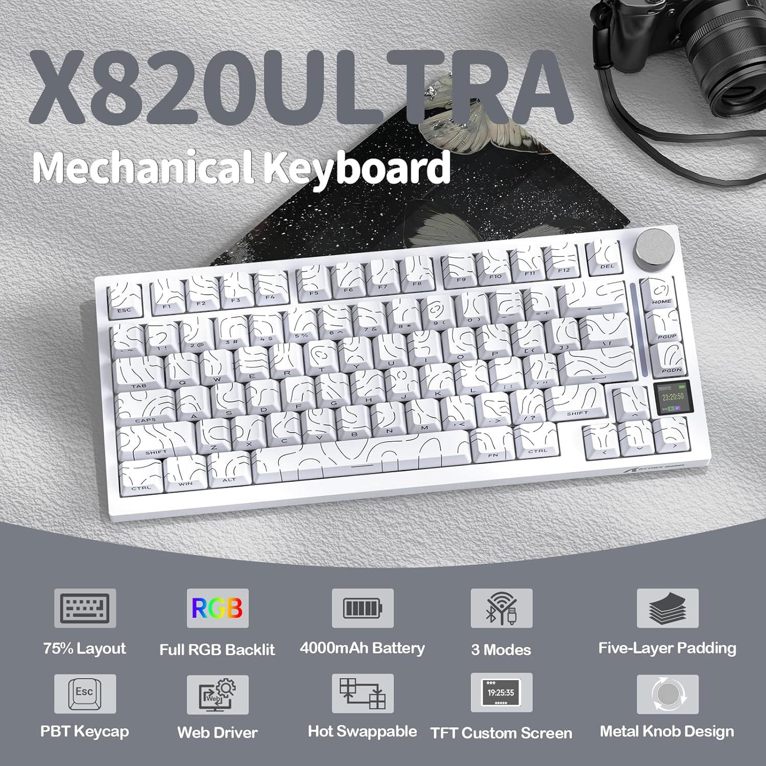 ATTACK SHARK X820 Ultra 75% Wireless Gaming Mechanical Keyboard Hot-Swappable Gasket Mount RGB Backlit BT/2.4G/Wired Custom Keyboard with Smart TFT Display&Knob QMK Driver-White Contour&Gift Switch