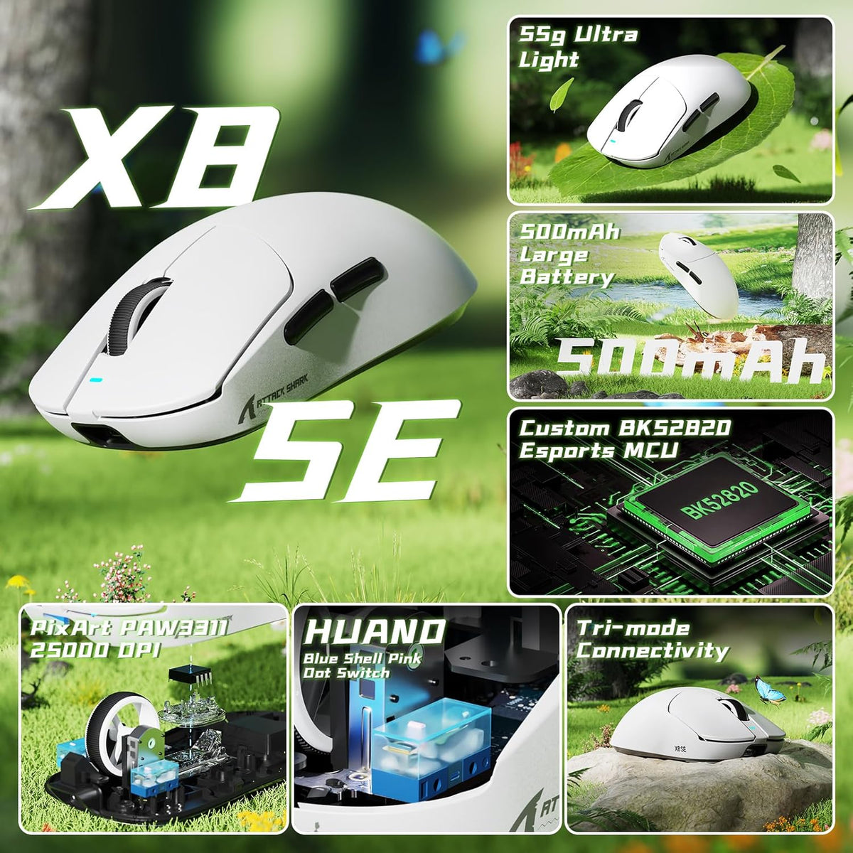 Attack shark x8 se wireless gaming mouse,55g ultra-lightweight wired/bt/2.4ghz wireless programmable mouse,1k polling