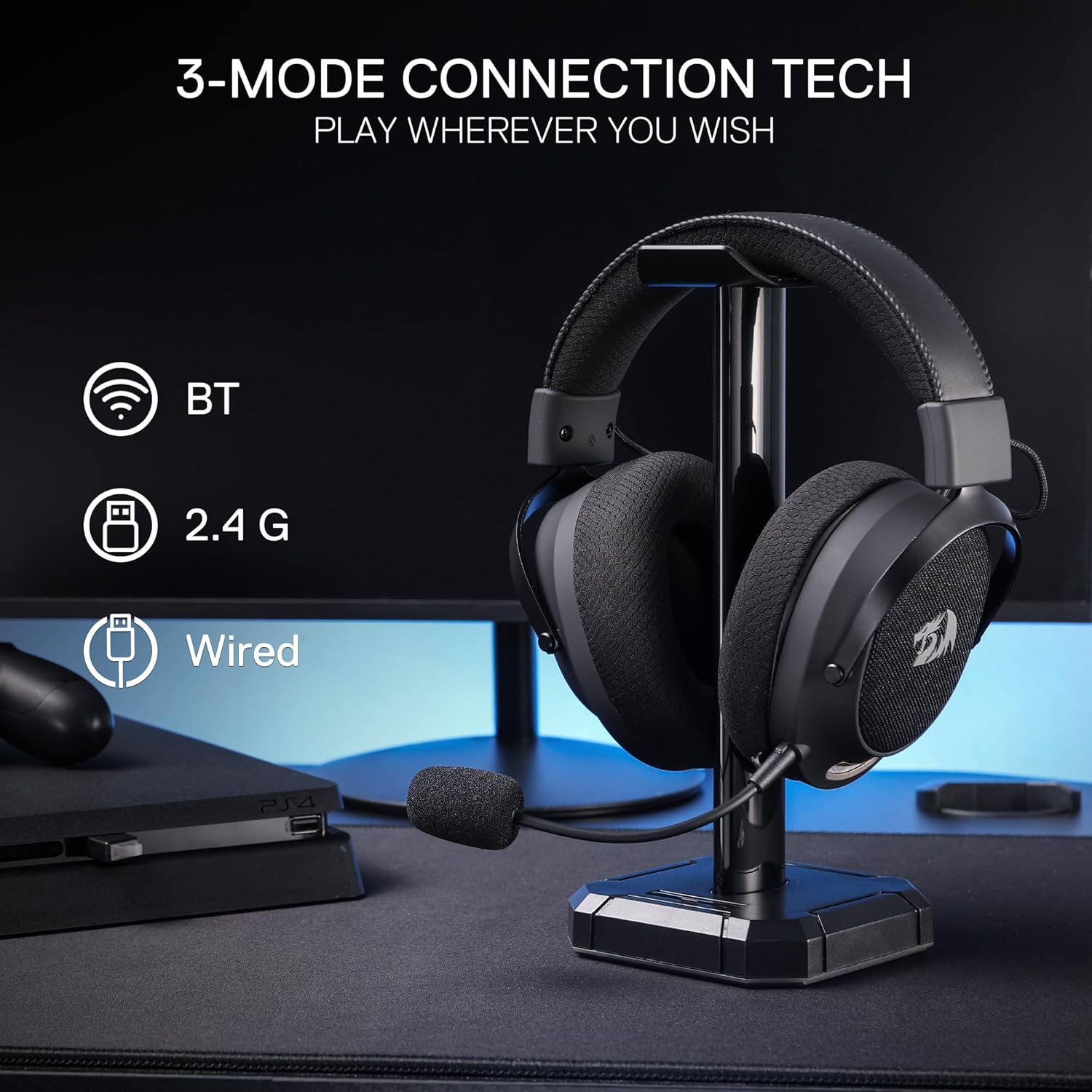 Redragon H858 3-Mode Wireless Gaming Headset, 7.1 Surround Sound + Redragon HA300 Scepter Pro Headset Stand Rgb. - - Fun Touch Shop