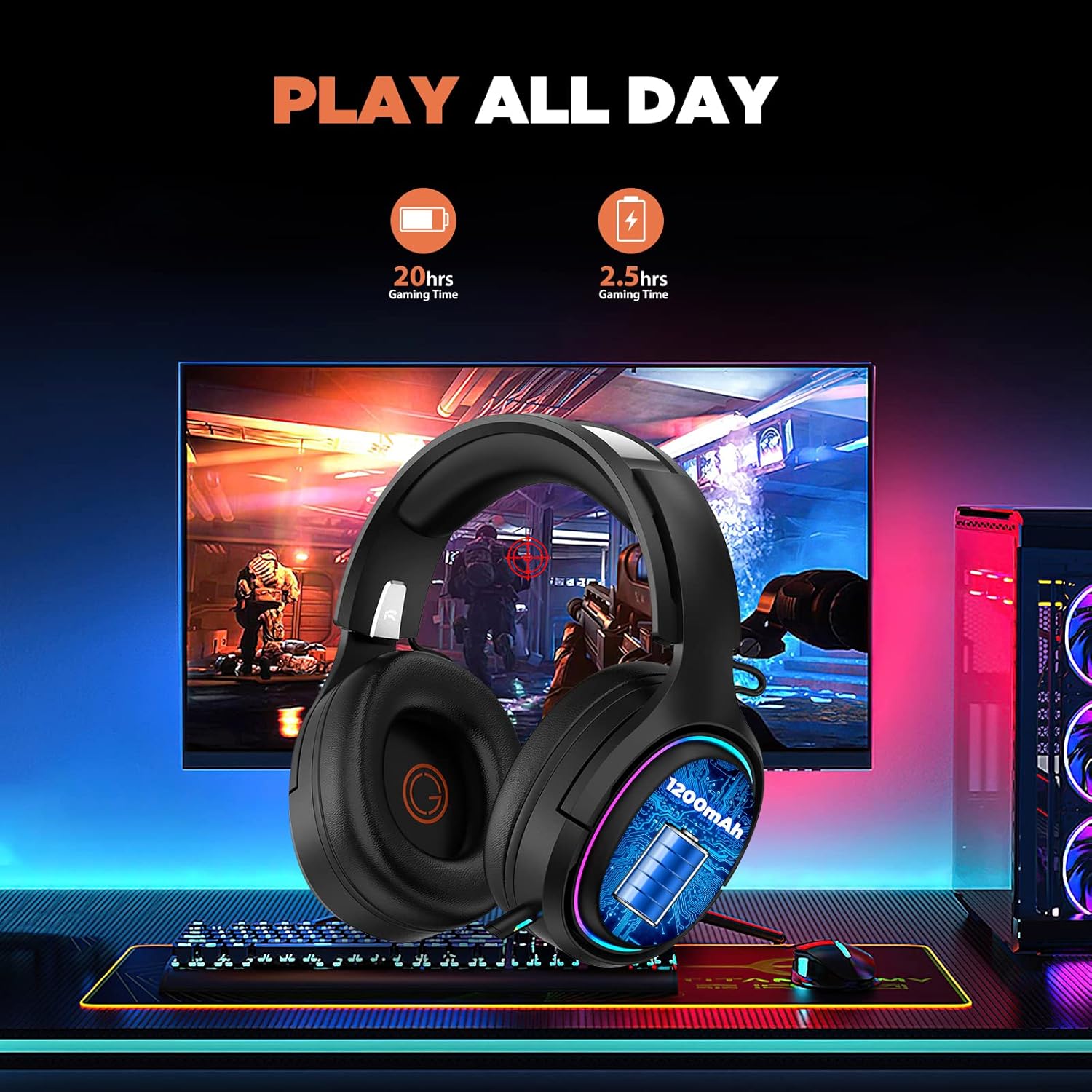OCG Gaming Headset 2.4GHz Bluetooth Wireless Gaming Headphones for PS5 PS4 PC with Retractable Microphone,RGB Light Wireless Headset Wired Mode for Mac Switch PS2 Black - - Fun Touch Shop