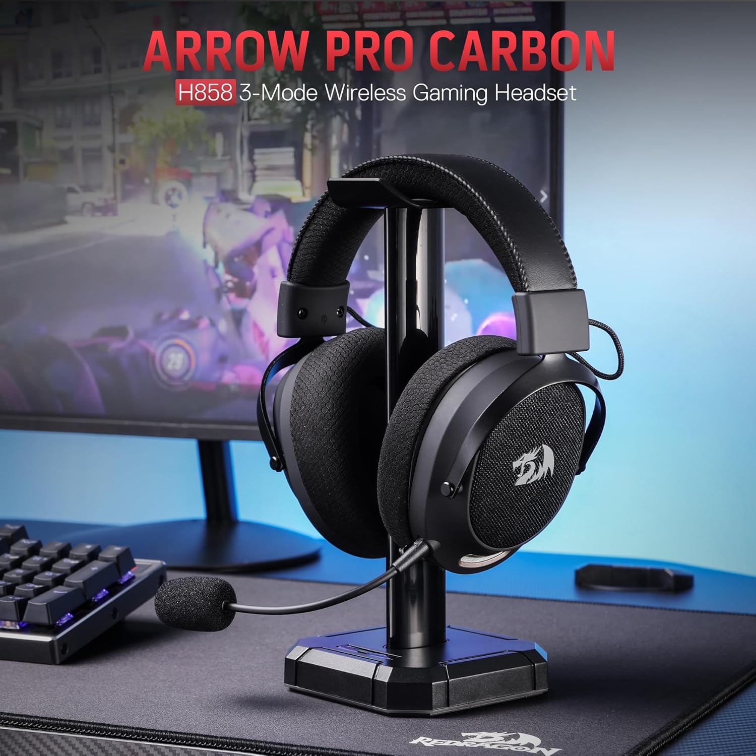 Redragon H858 3-Mode Wireless Gaming Headset, 7.1 Surround Sound + Redragon HA300 Scepter Pro Headset Stand Rgb. - - Fun Touch Shop