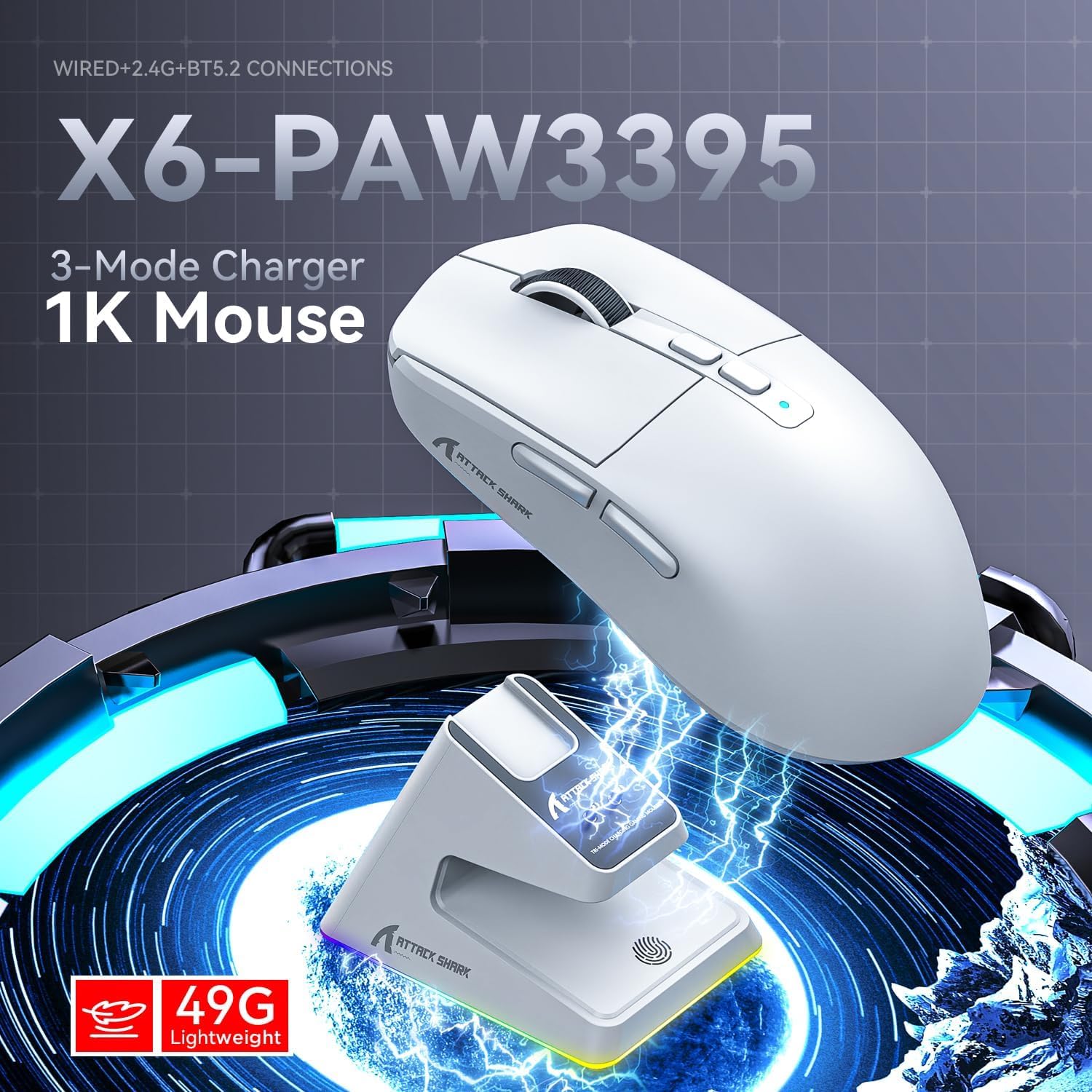 ATTACK SHARK X6 Lightweight Wireless Gaming Mouse with RGB Backlight Charging Base,Tri-Mode Wired/2.4GHz/BT5.2,26K DPI, PAW3395 Optical Sensor,HUANO Switch,5programmable Buttons,PC/Mac(White) - - Fun Touch Shop