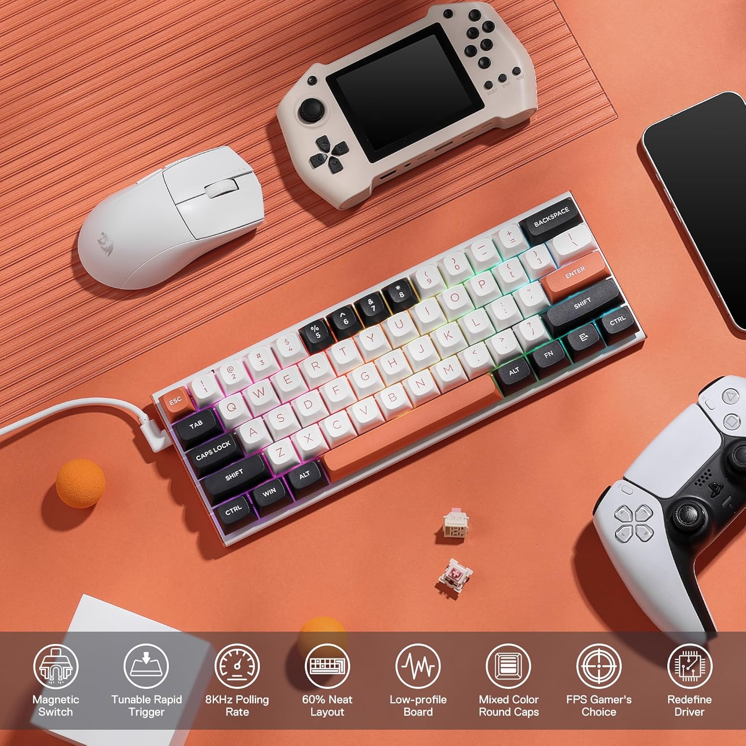 Redragon K683 Rapid Trigger HE Gaming Keyboard, 60% 61 Keys Wired Mechanical Keyboard w/Hyper-Fast Actuation, Dedicated Hall Effect Magnetic Switch, Actuation Point Adjustable, 8K Hz Polling Rate - - Fun Touch Shop