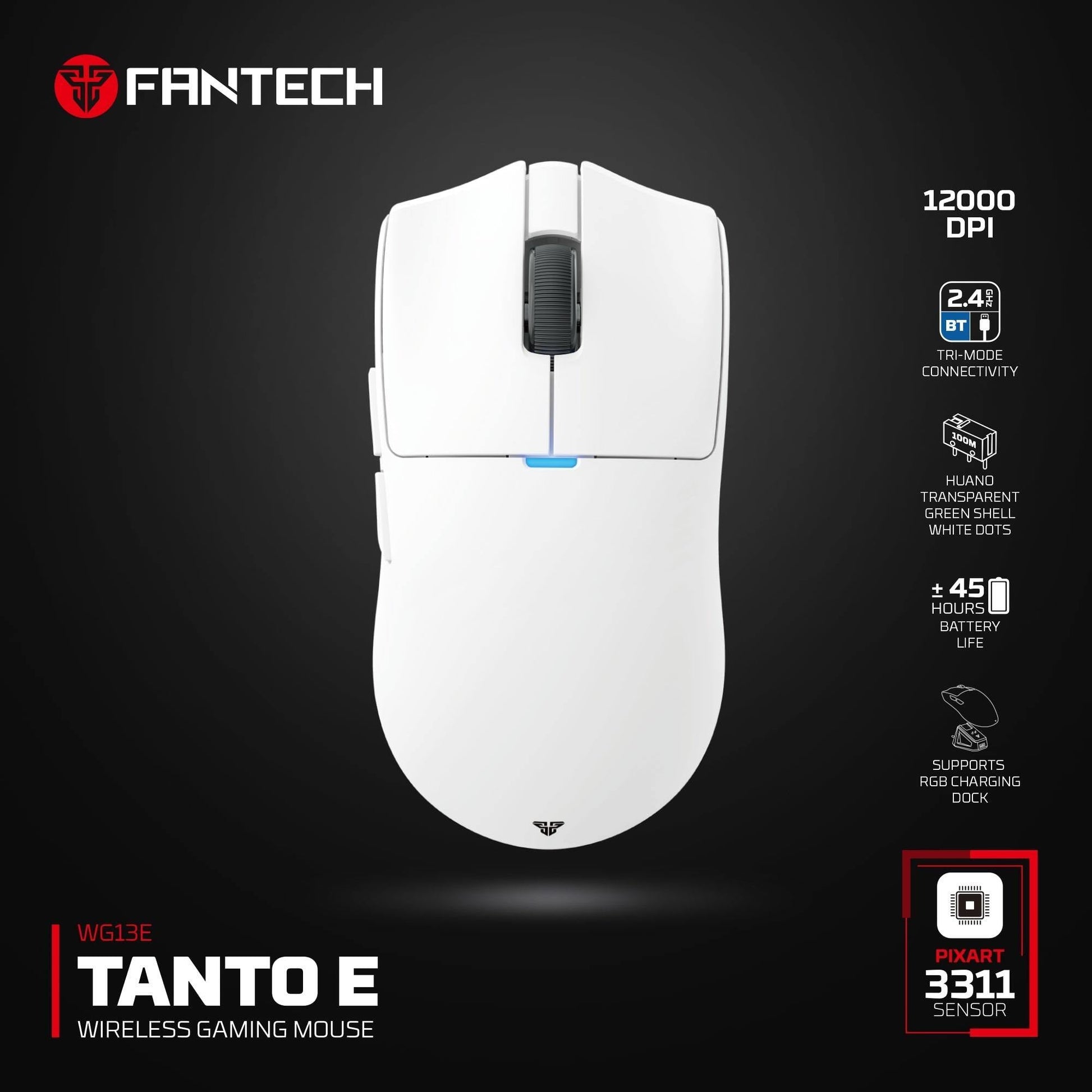 FANTECH TANTOE WG13E Wireless Mouse Three-mode switching and Magnetic Rechargeable Dock PixArt PAW3311 Up to 45 hours Macro Mic - Black - - Fun Touch Shop