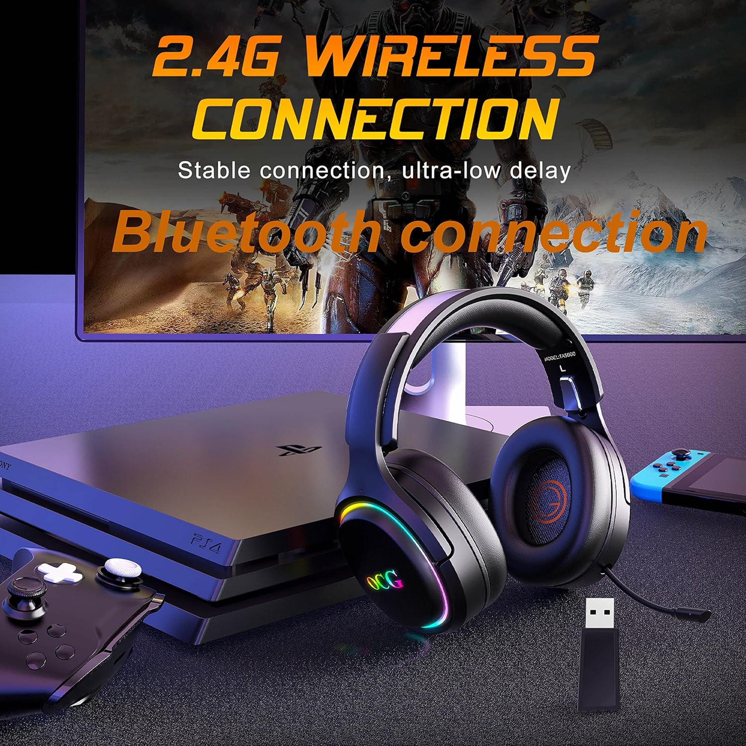 OCG Gaming Headset 2.4GHz Bluetooth Wireless Gaming Headphones for PS5 PS4 PC with Retractable Microphone,RGB Light Wireless Headset Wired Mode for Mac Switch PS2 Black - - Fun Touch Shop