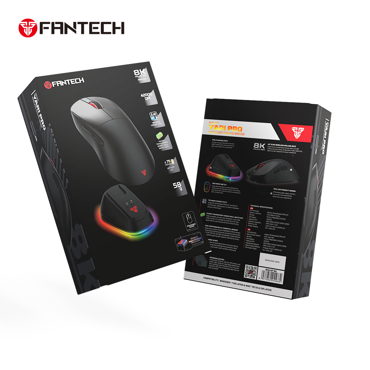 Fantech wg14p lightweight wireless gaming mouse paw3950 sensor 8khz polling mice with rgb charging dock for fps gamers