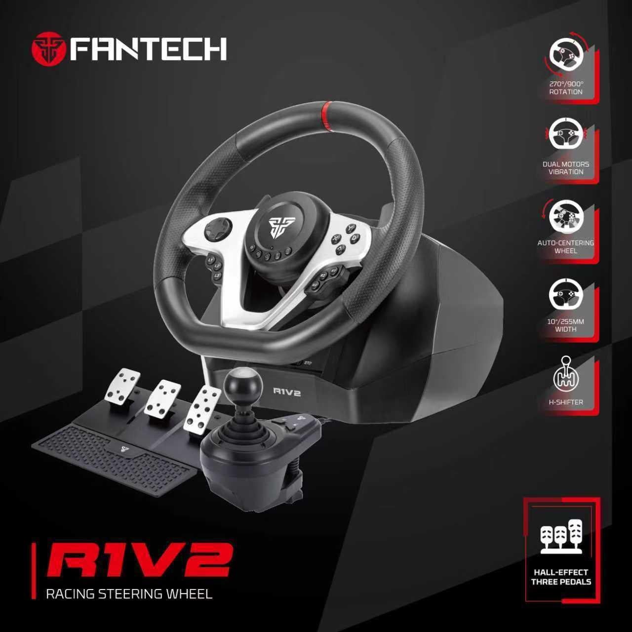 Fantech R1V2 Racing Steering Wheel | Dual-Motor Vibration | 270° / 900° Rotation | 15 Buttons + D-Pad | 6 Gears + Reverse | 3 Pedals (Clutch, Brake & Throttle) | PC Driving Wheel Set with Clutch and Shifter.