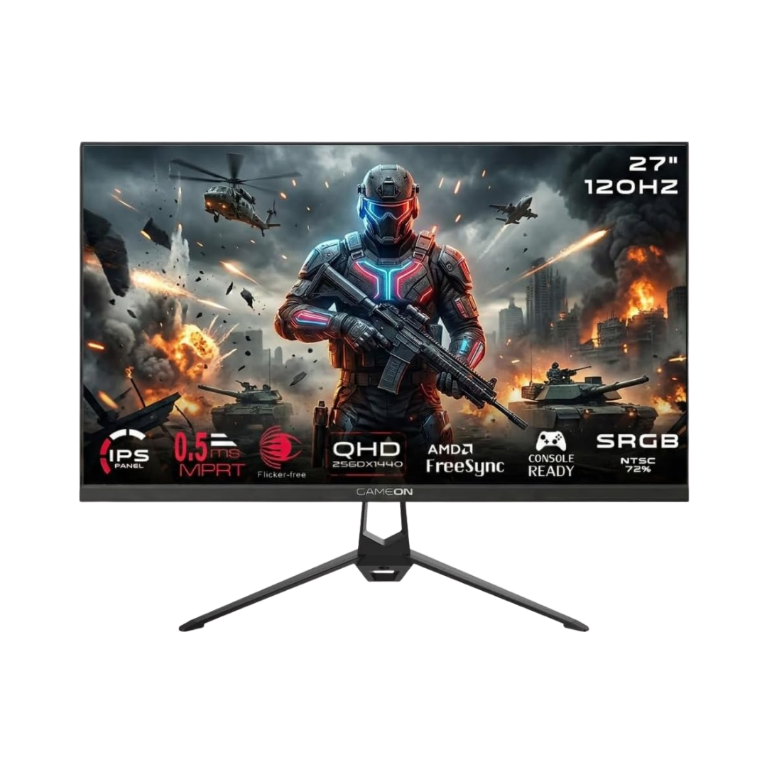 GAMEON GOES27QHD120IPS 27″ Fast IPS QHD Gaming Monitor – 2560×1440, 120Hz Refresh Rate, 0.5ms MPRT, HDR10, Adaptive-Sync, 99% sRGB, HDMI 2.1 (Supports PS5) & DisplayPort, Built-in Speakers, Flicker-Free, VESA Mount
