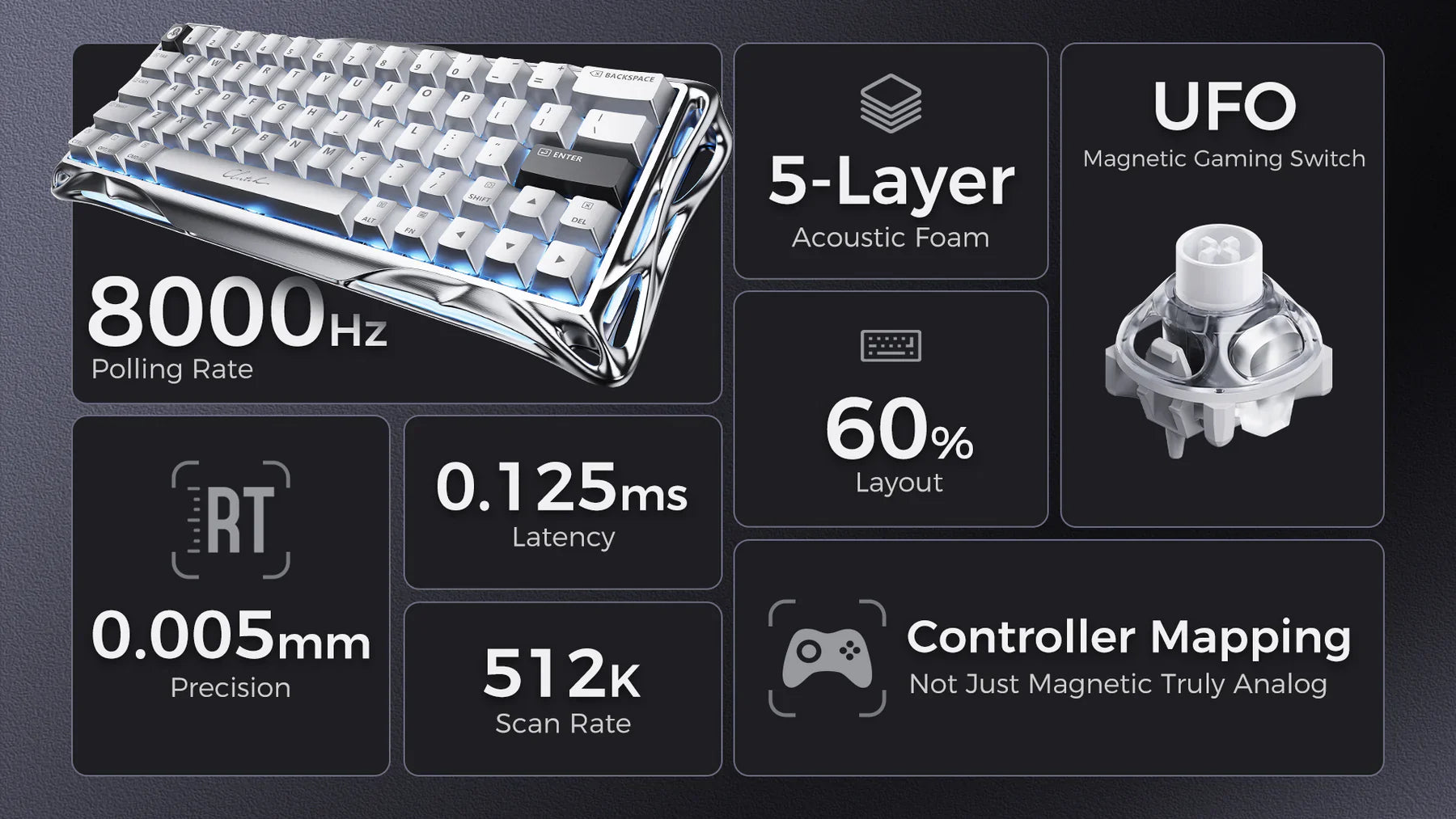 GravaStar Mercury V60 Pro Gaming Keyboard Deluxe Edition - 8kHz Magnetic Switch | Premium Hall Effect Keyboard – Dual Keycap Gift Box Set (chrome Silver).