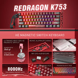 Redragon K753 HE Rapid Trigger Gaming Keyboard, 60% 61 Keys Wired Mechanical Keyboard w/Hype-Red Hollowed-Out Aluminum Base, Next-Gen UltraMag 100% POM Silky Rappid Trigger Magnetic Switch