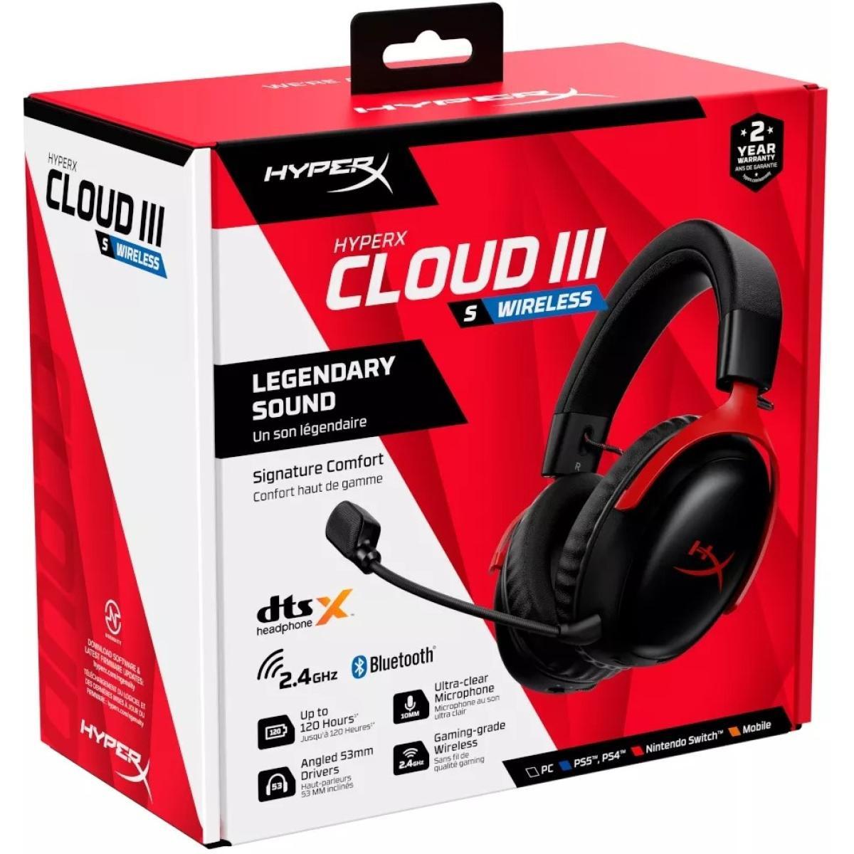 HyperX Cloud III S Wireless Gaming Headset (2.4GHz, Bluetooth), DTS:X Spatial Virtual 3D Surround Sound Spatial Audio3 Battery Life up to 120 Hours 2.4GHz / 200 Hours Bluetooth, Detachable Mic Multi-Platform– Black & Red.