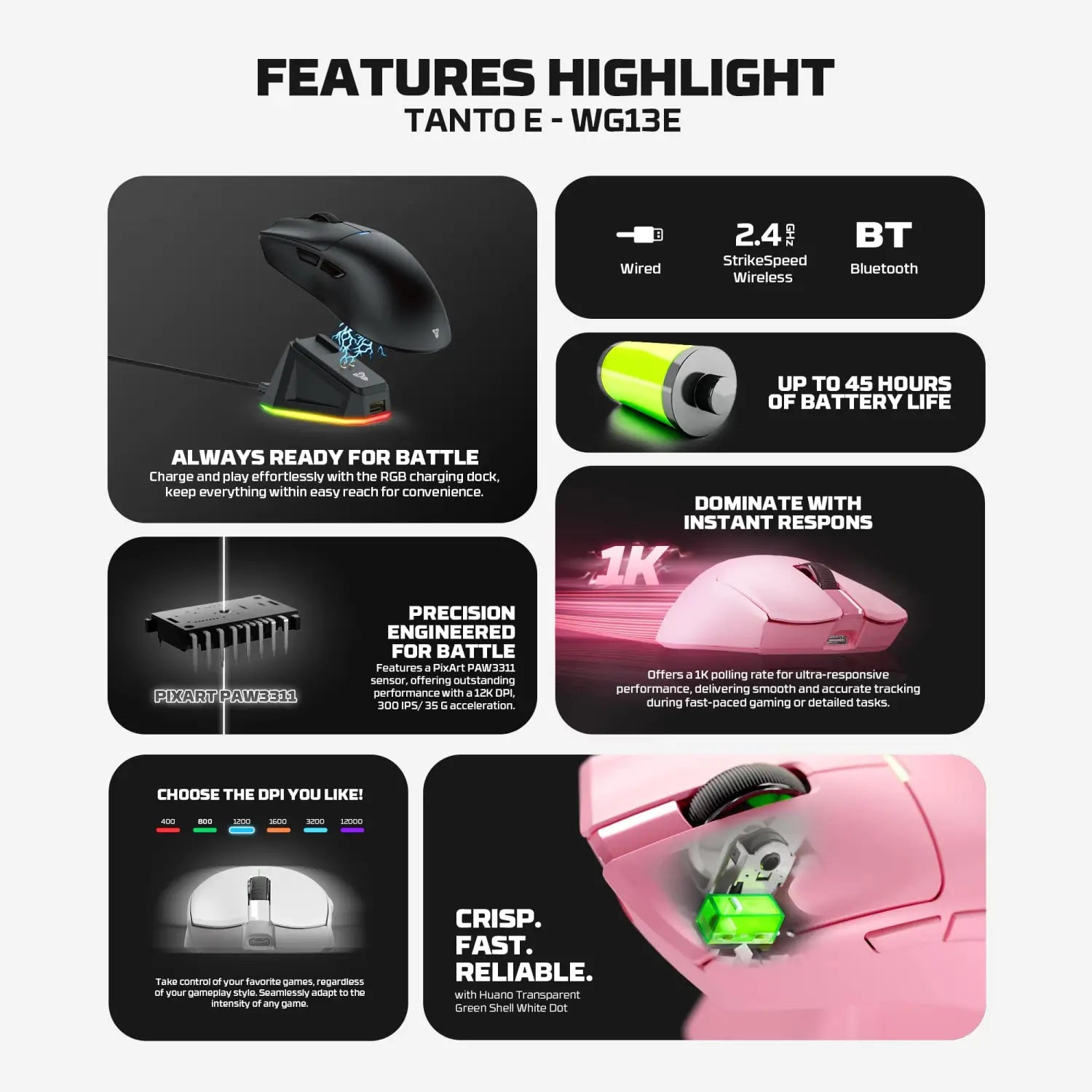 Fantech tantoe wg13e wireless mouse three-mode switching and magnetic
