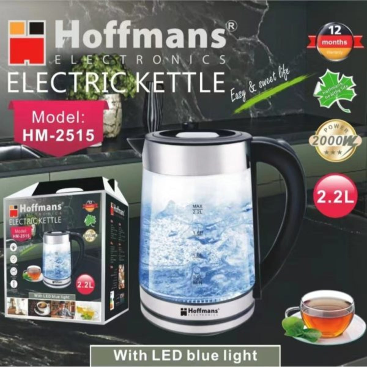 Hoffmans HM-2515, Electric Kettle, 2.2Ltr, 2000Watt