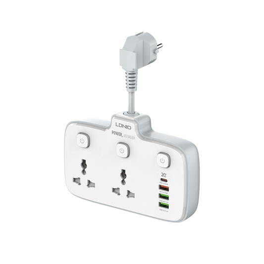 Ldnio sc2413 universal power strip surge protector with 4 usb ports - 2 ac outlets 3a1c green usb orange usb-a (qc18w)