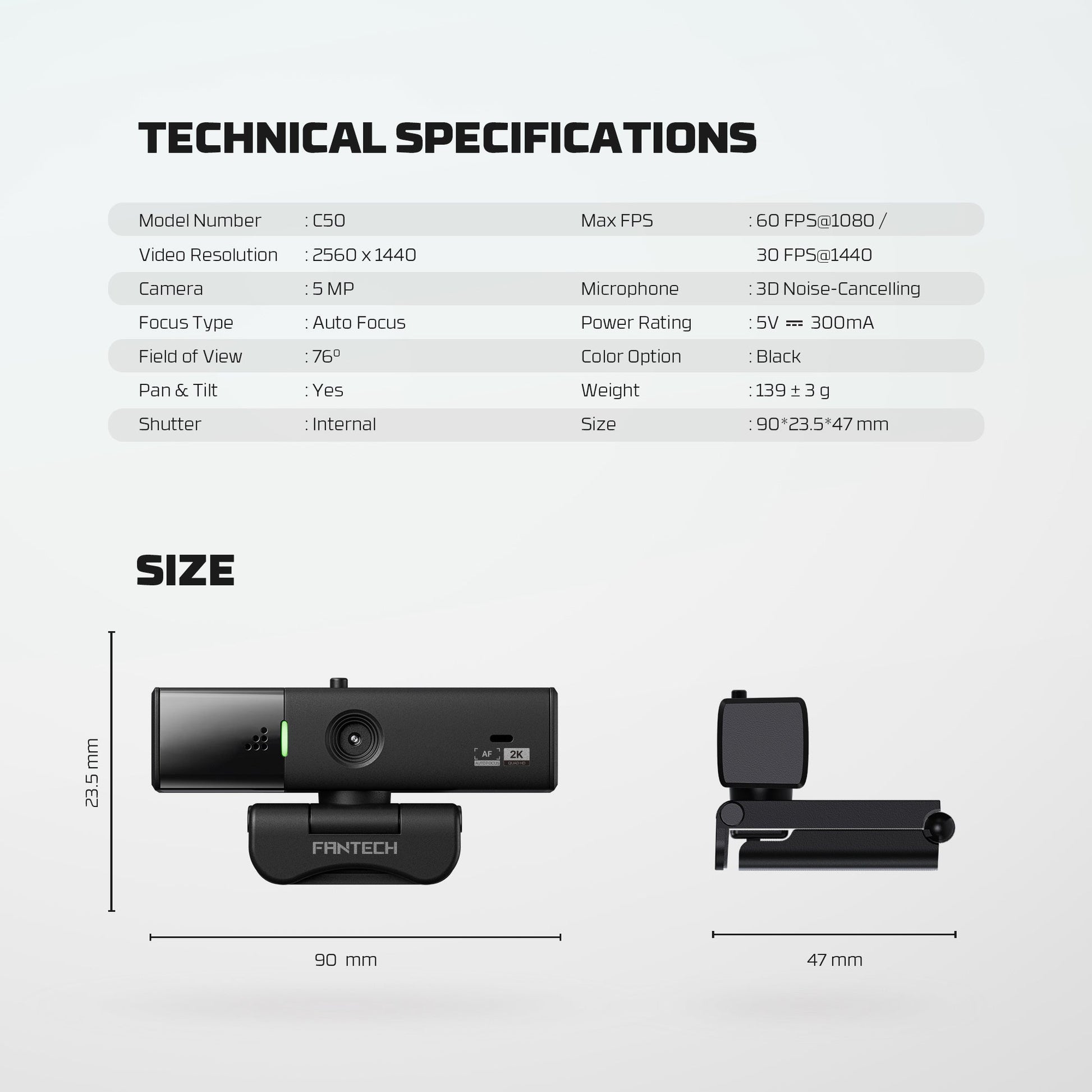 Fantech Luminous C50 Quad High-Definition Webcam 2K Quad-HD Support 60 FPS & 3D Noise Cancelling Mic - - Fun Touch Shop