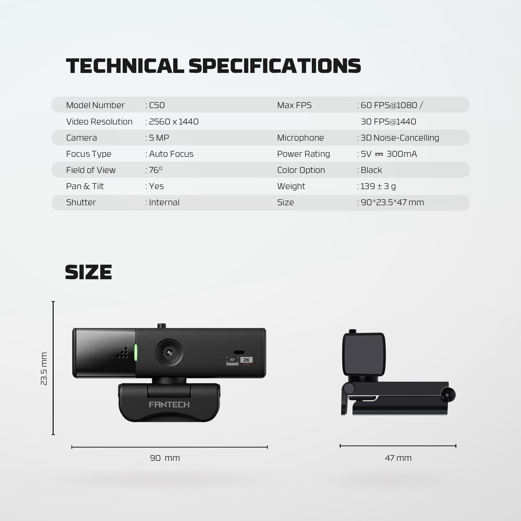 Fantech Luminous C50 Quad High-Definition Webcam 2K Quad-HD Support 60 FPS & 3D Noise Cancelling Mic - - Fun Touch Shop