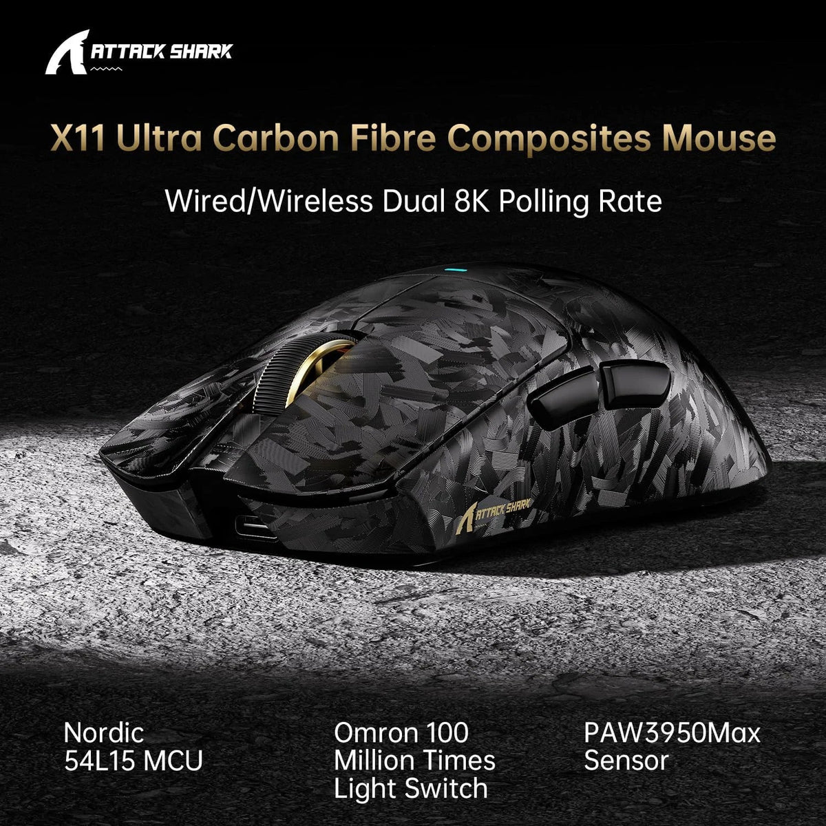 Attack shark x11 ultra 8k carbon fiber wireless gaming mouse with 42000 dpi-paw3950 max sensor-63g lightweight,nordic
