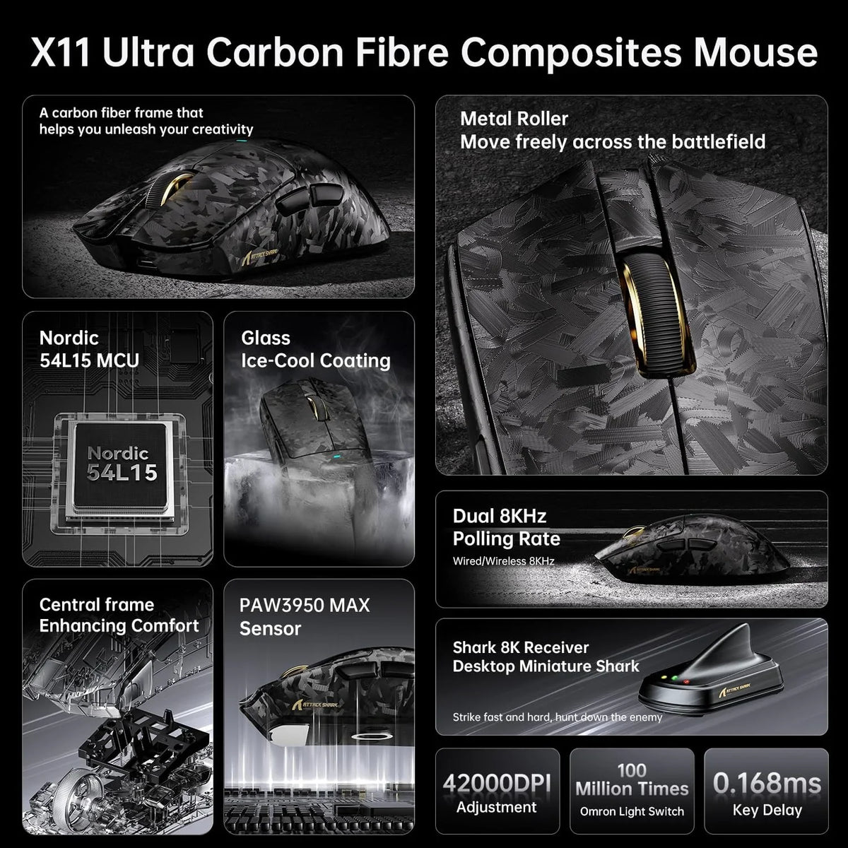 Attack shark x11 ultra 8k carbon fiber wireless gaming mouse with 42000 dpi-paw3950 max sensor-63g lightweight,nordic
