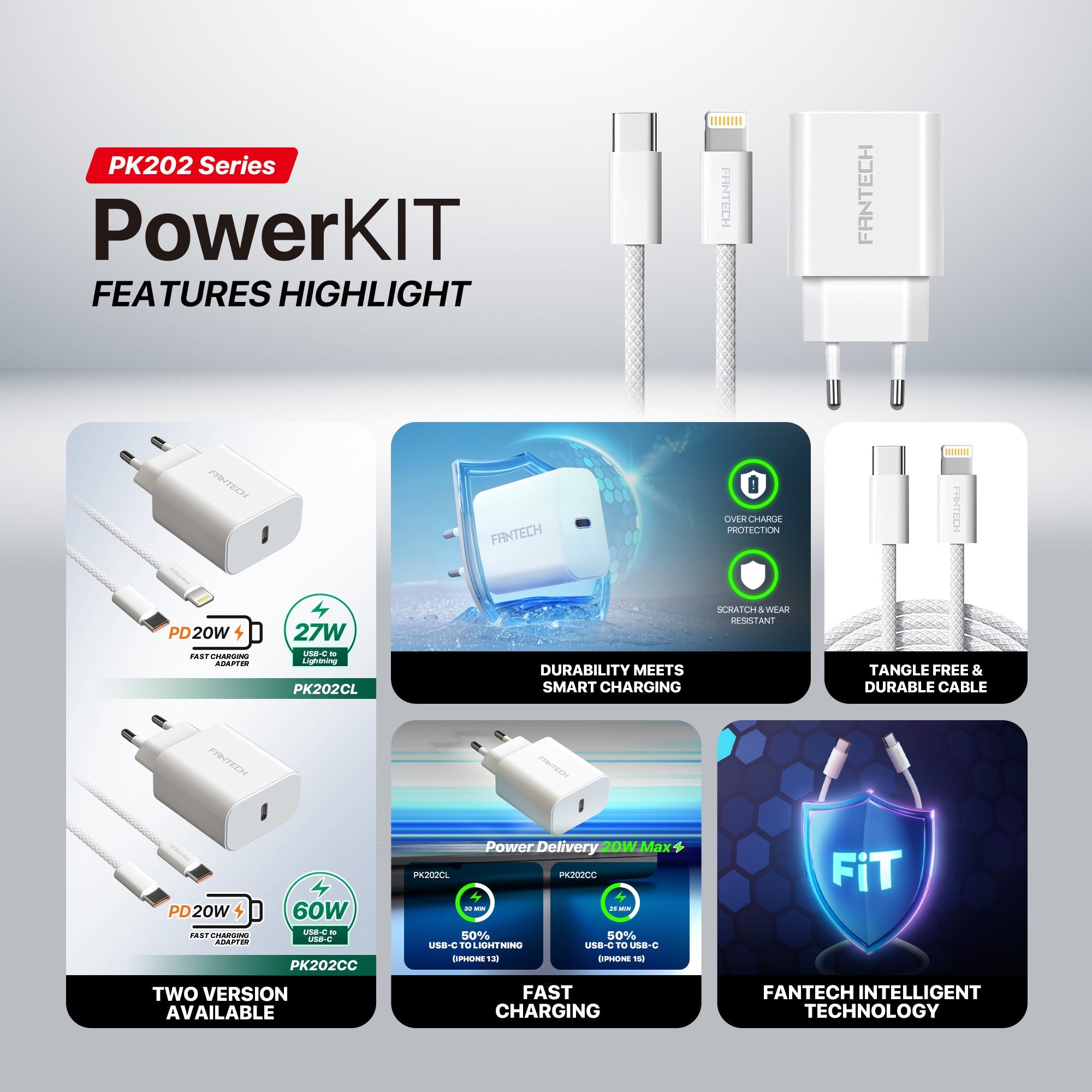 FANTECH PK202 20W Fast Charging Plug USB C Braided Cable Power Delivery for iPhone Home Car Travel Use Phone Charger Data Cable - - Fun Touch Shop