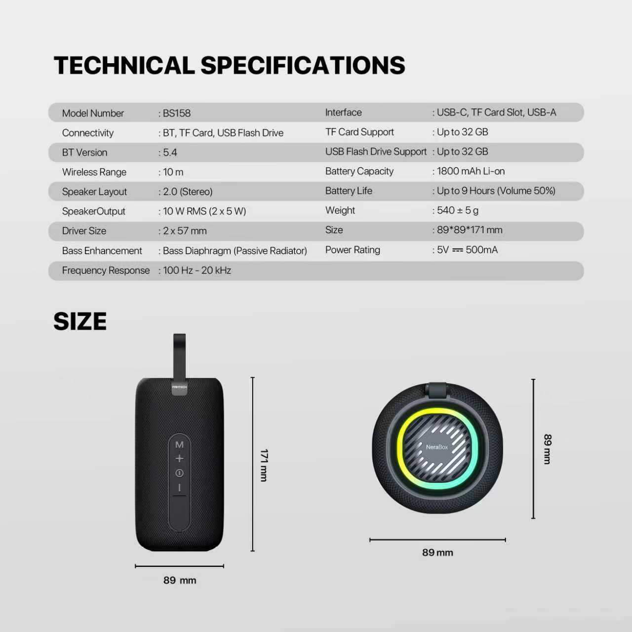 FANTECH BS159 True Wireless RMS Speaker TWS Deep Bass 10W 57mm Driver 4-Way Connectivity BT TF Card USB RGB Portable Speaker - Black - - Fun Touch Shop