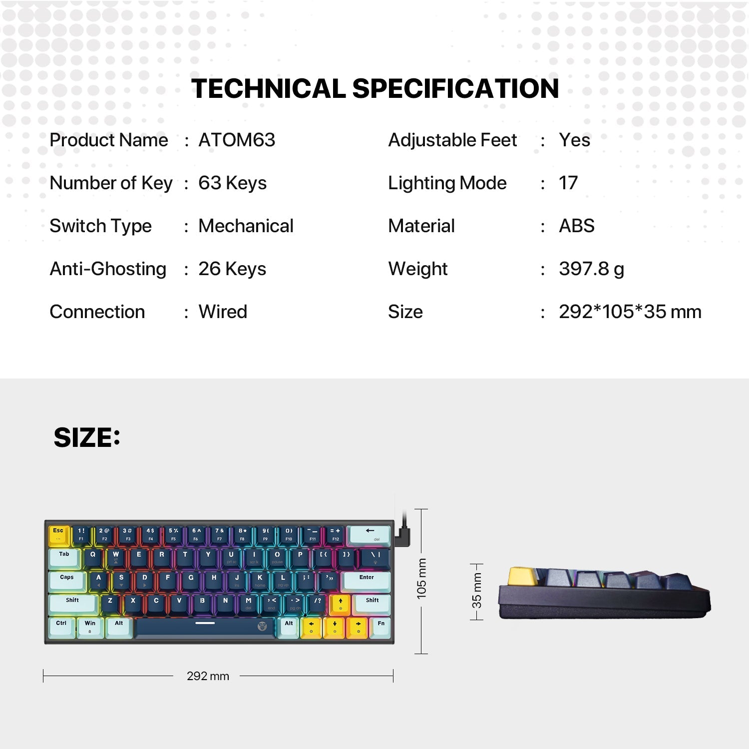 Fantech MK874 V2 Atom 63 Hot swappable Mechanical Keyboard Sky Blue