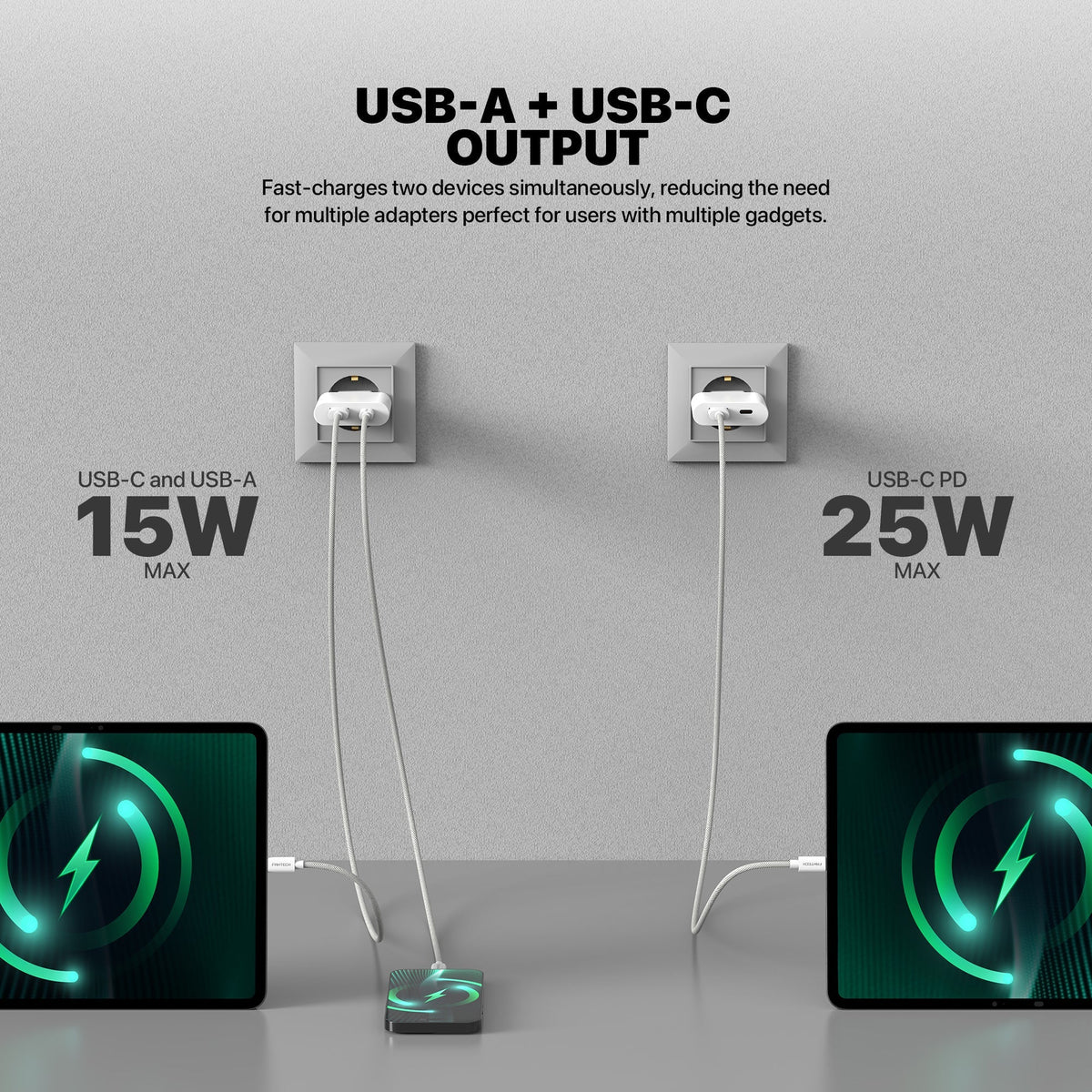 Fantech powerplus pps251 25w gan fast charger – dual-port usb-c & usb-a pd + qc wall charger ultra-slim compact design