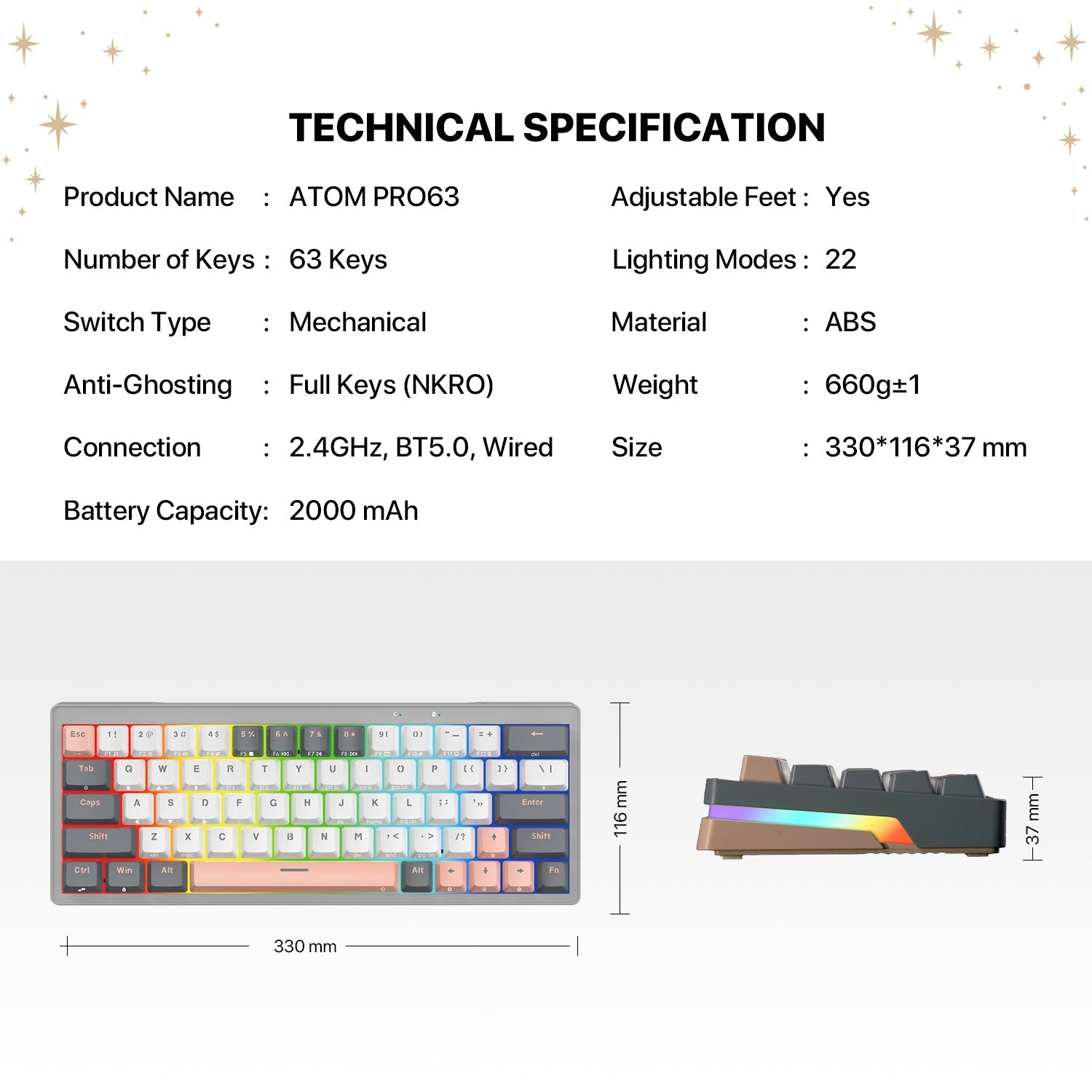 Fantech MK912 ATOM PRO63 RGB Bluetooth, Wireless Gaming keyboard Saturn